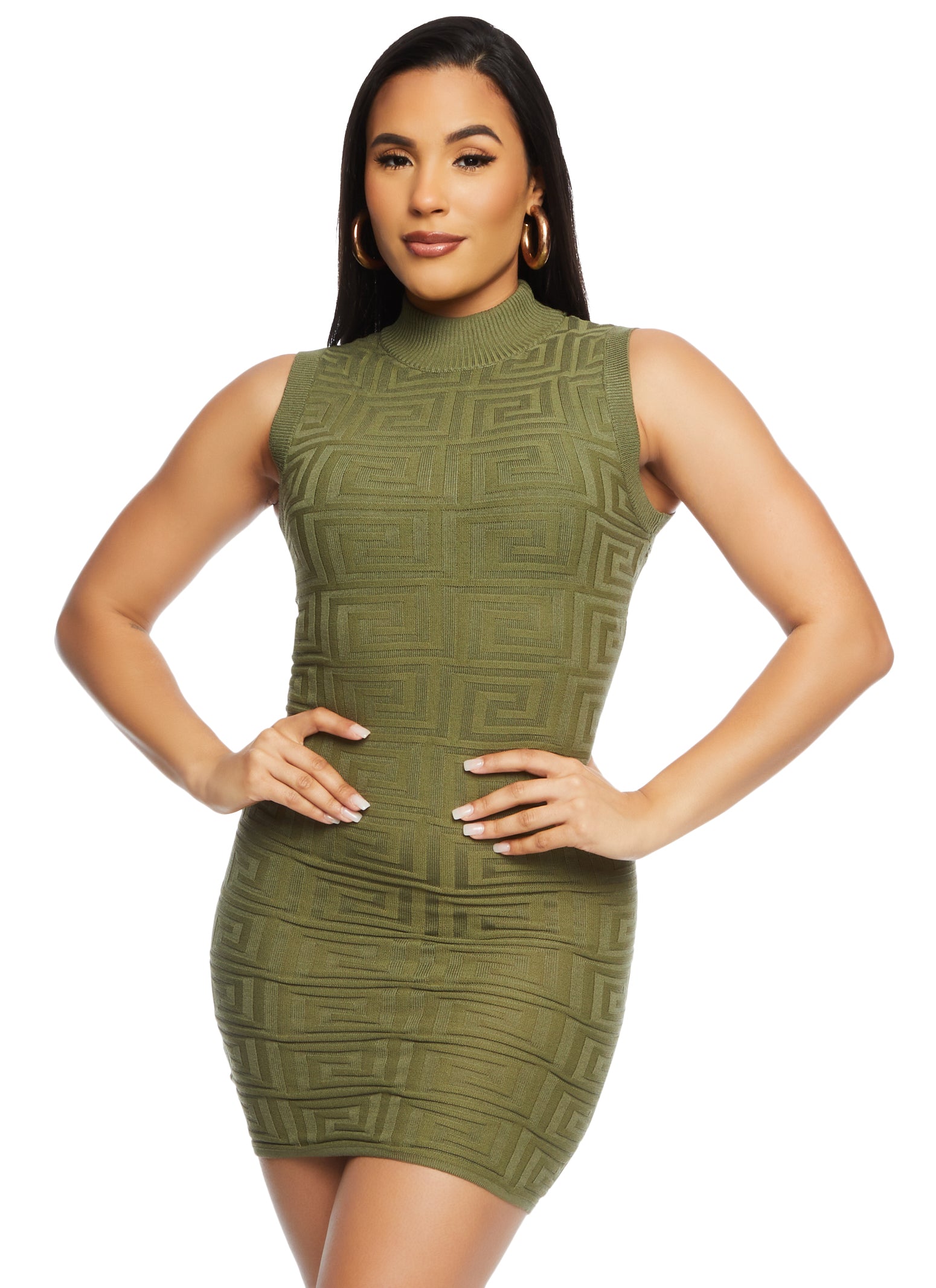 Womens Greek Key Textured Knit Mini Dress, Green, Size L