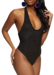 Womens Textured Knit Halter Neck Plunge Bodysuit, ,