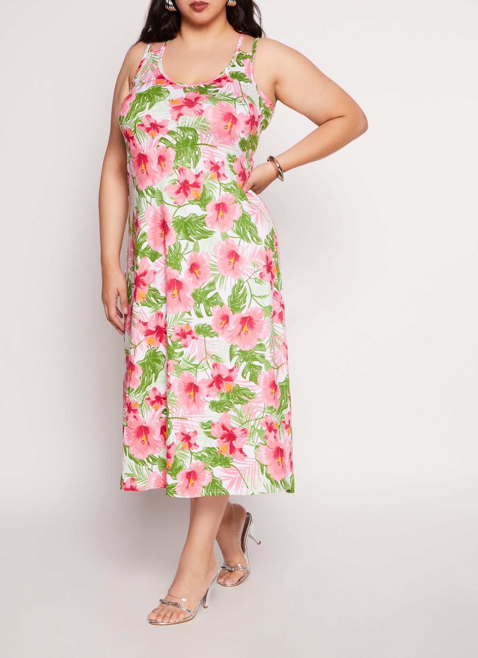 Womens Plus Size Floral Print Double Strap Tank Dress, Multi, Size 3X