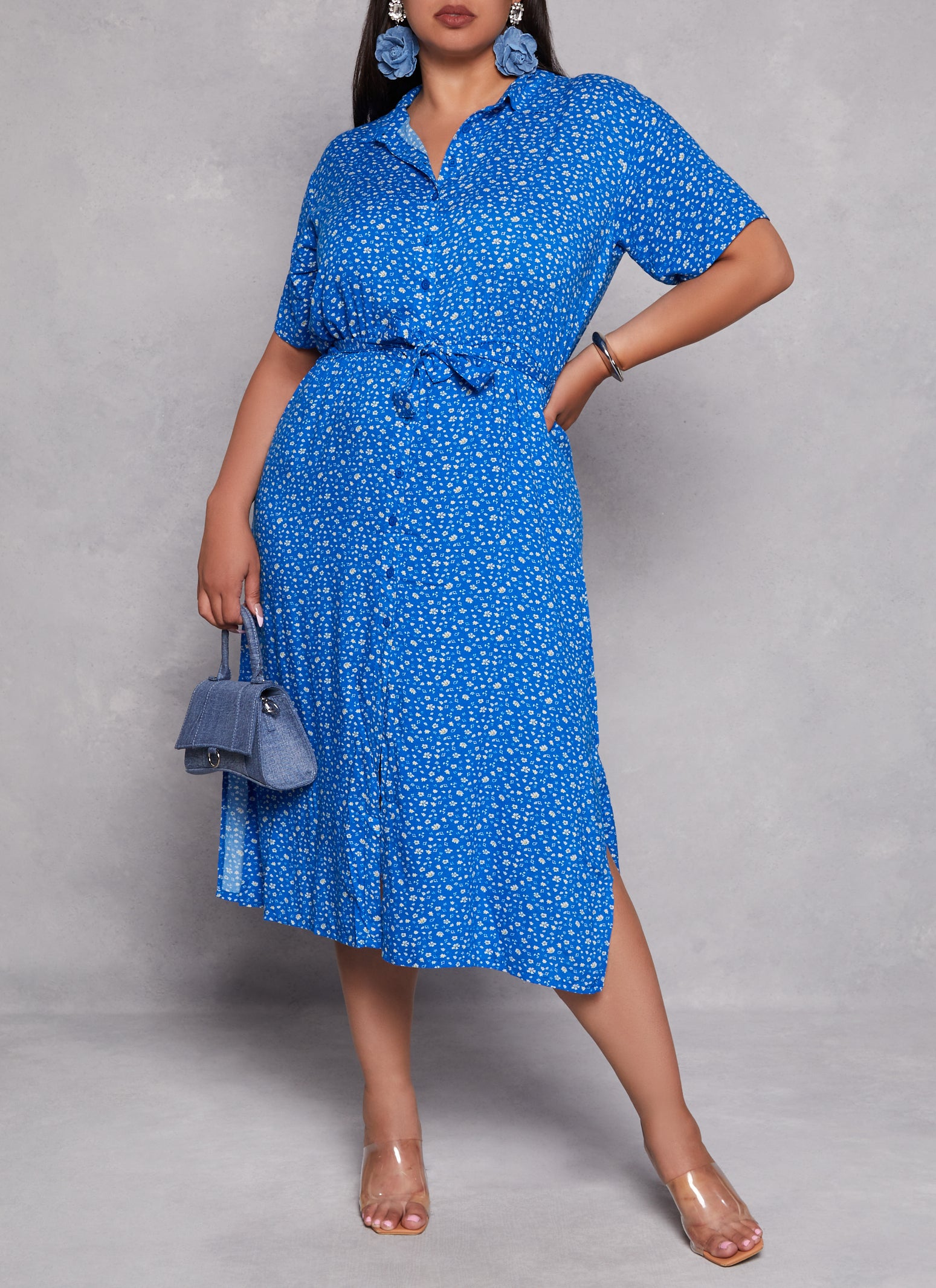 Womens Plus Size Floral Print Shirt Dress, Blue, Size 2X