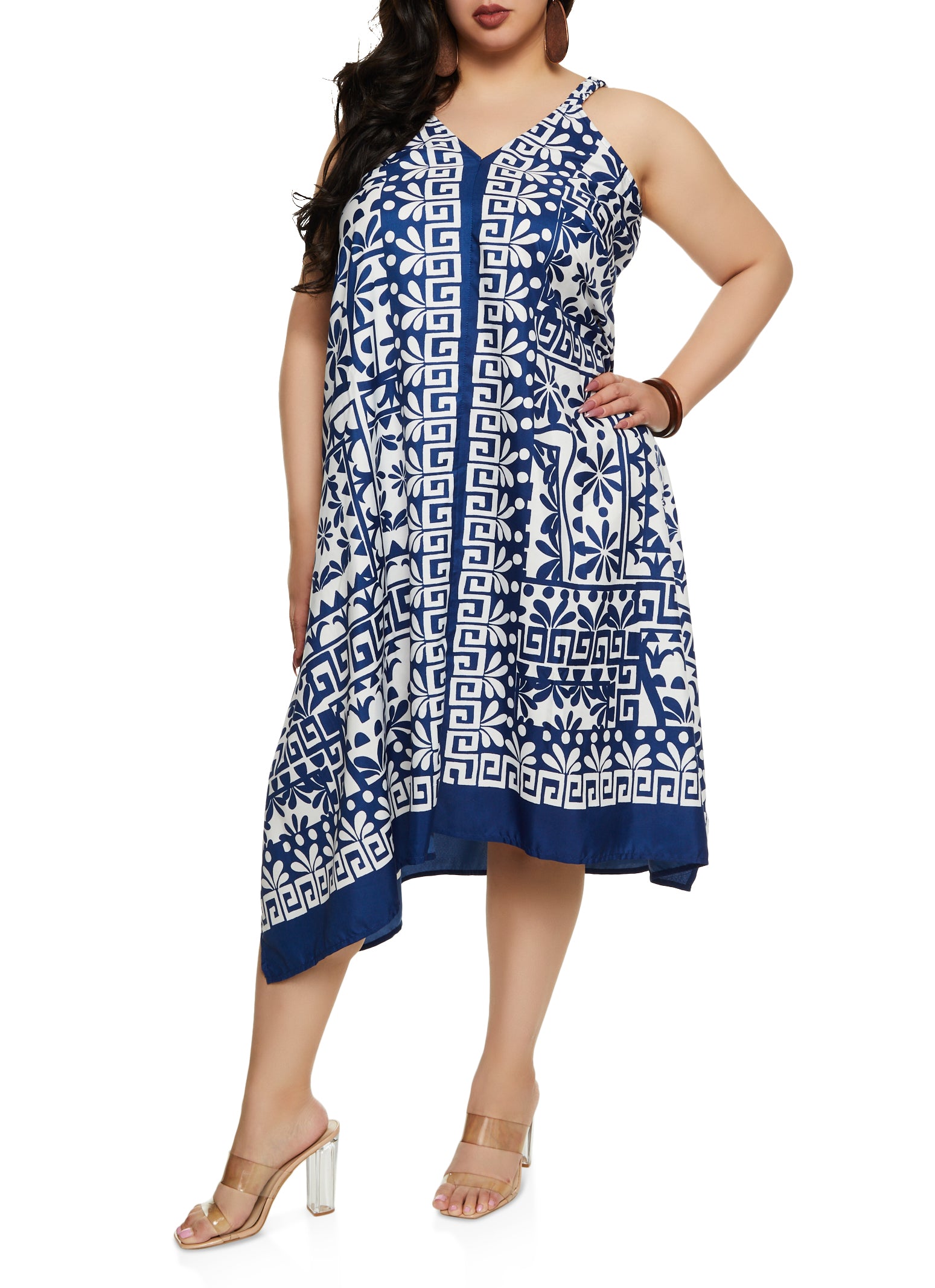 Womens Plus Size Border Print V Neck Maxi Dress, Blue, Size 2X