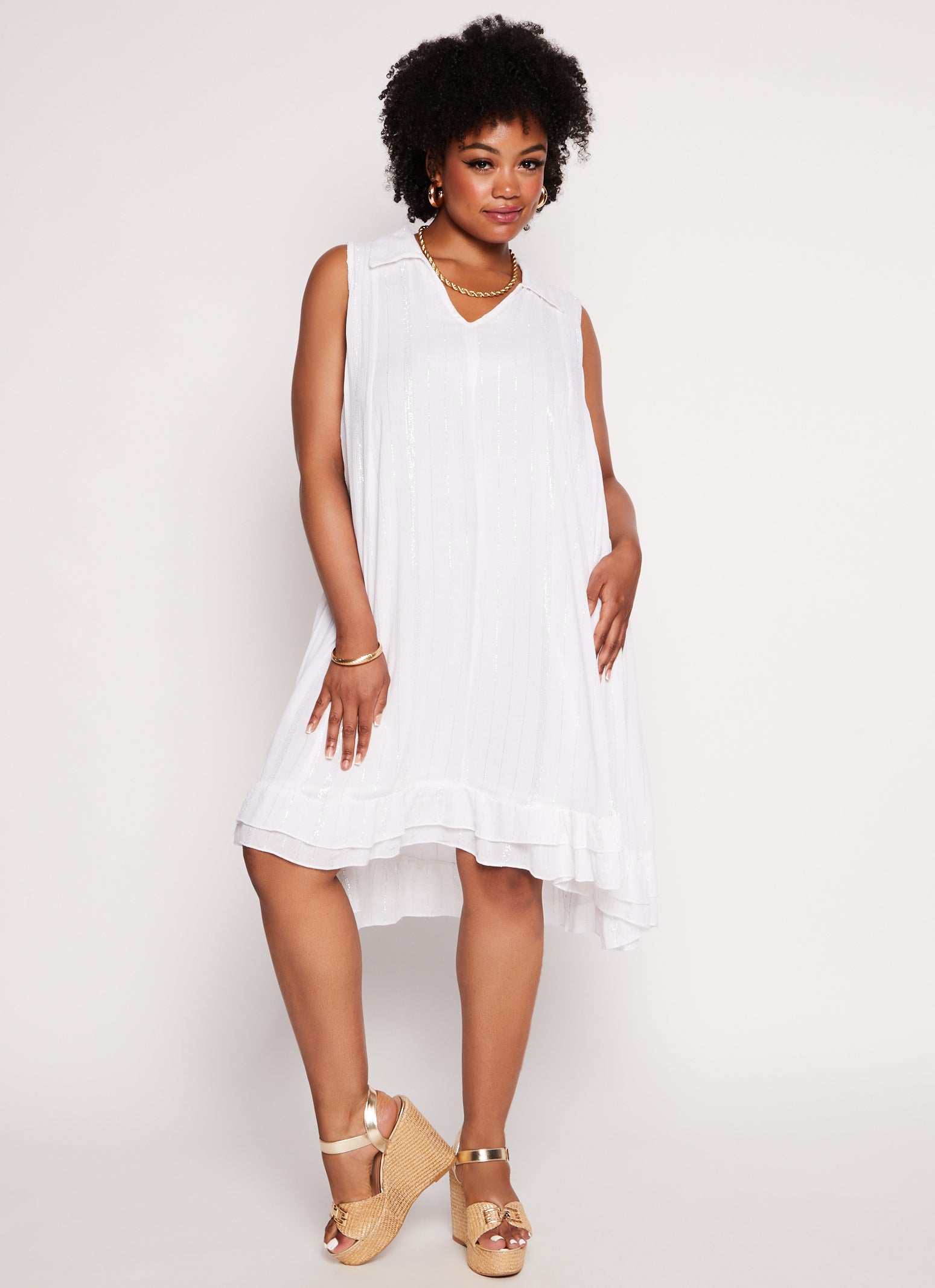 Womens Plus Size V Neck Collared Shift Dress, White, Size 2X