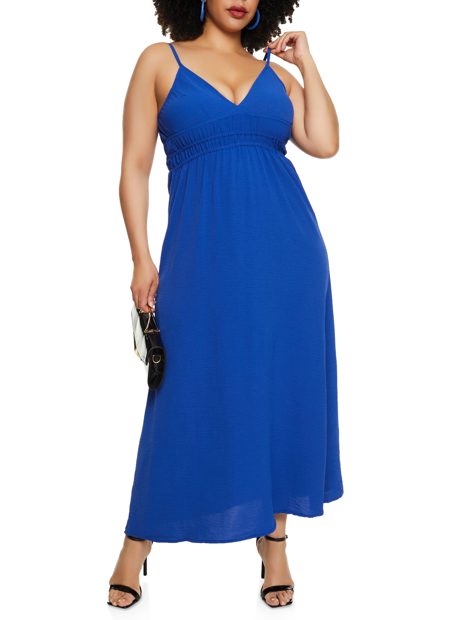 Womens Plus Size Airy V Neck Empire Waist Maxi Dress, Blue, Size 1X