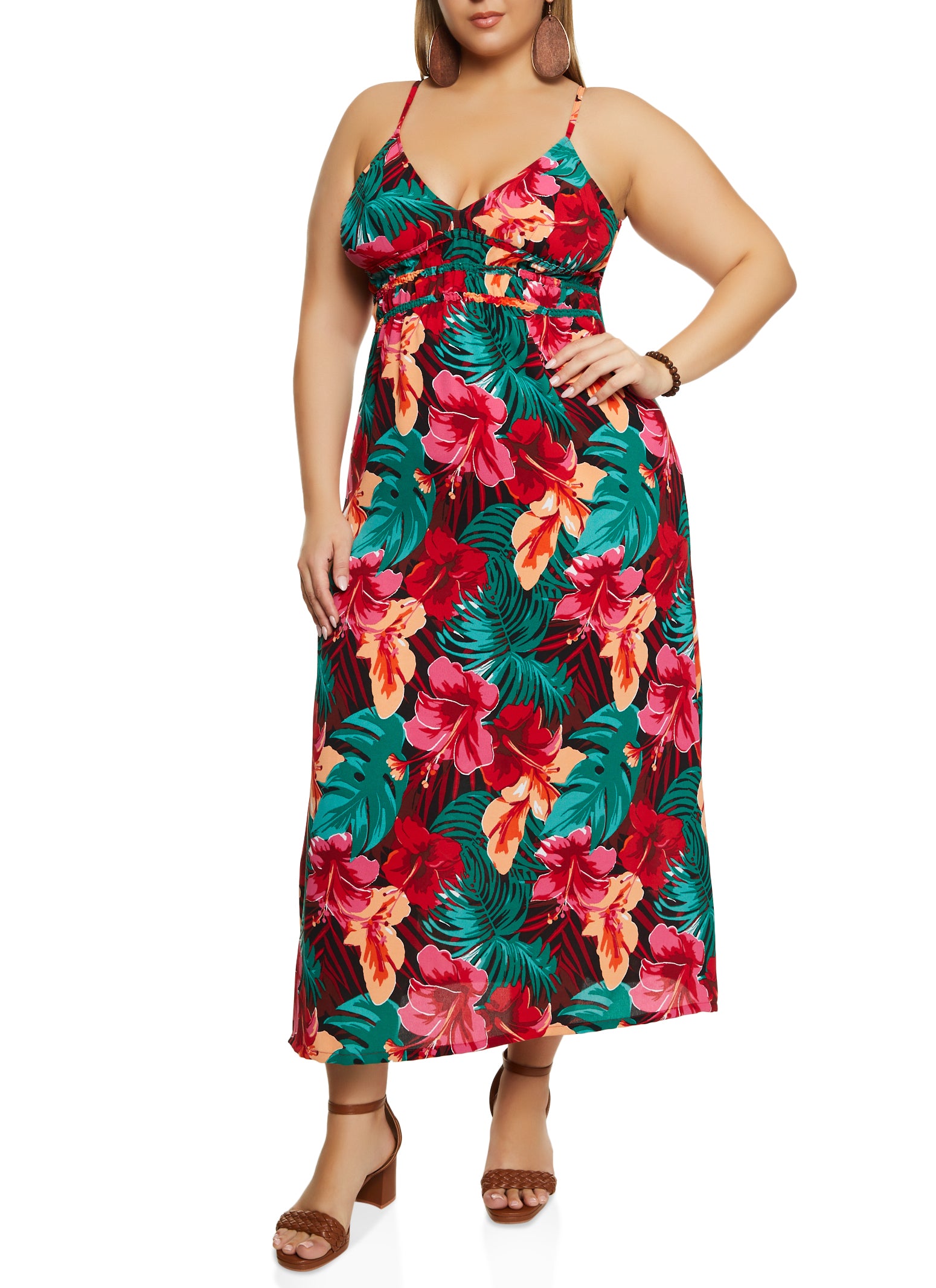 Womens Plus Size Floral Print Smocked Cami Maxi Dress, Multi, Size 1X