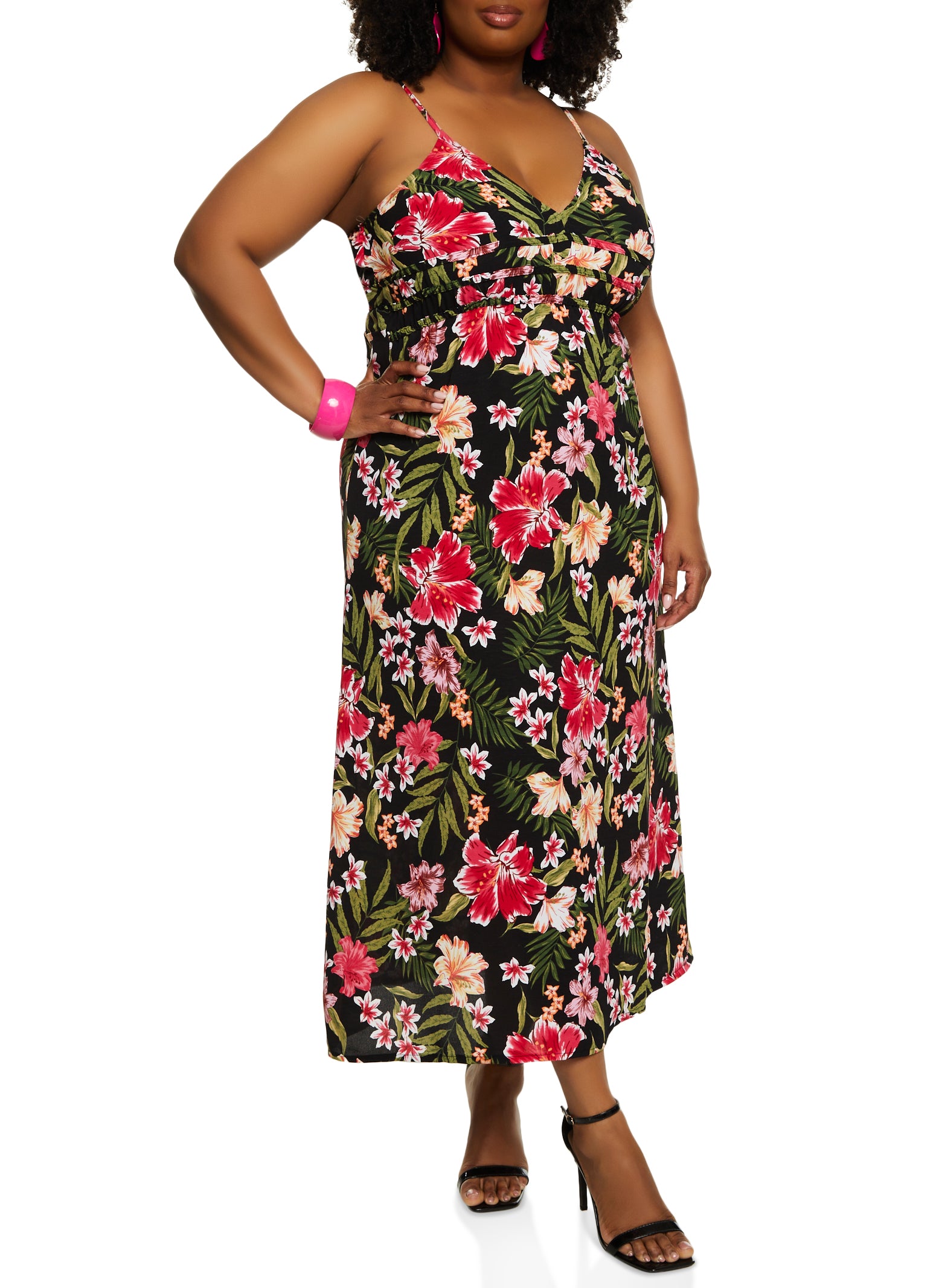 Womens Plus Size Tropical Floral Print Empire Waist Maxi Dress, Multi, Size 1X
