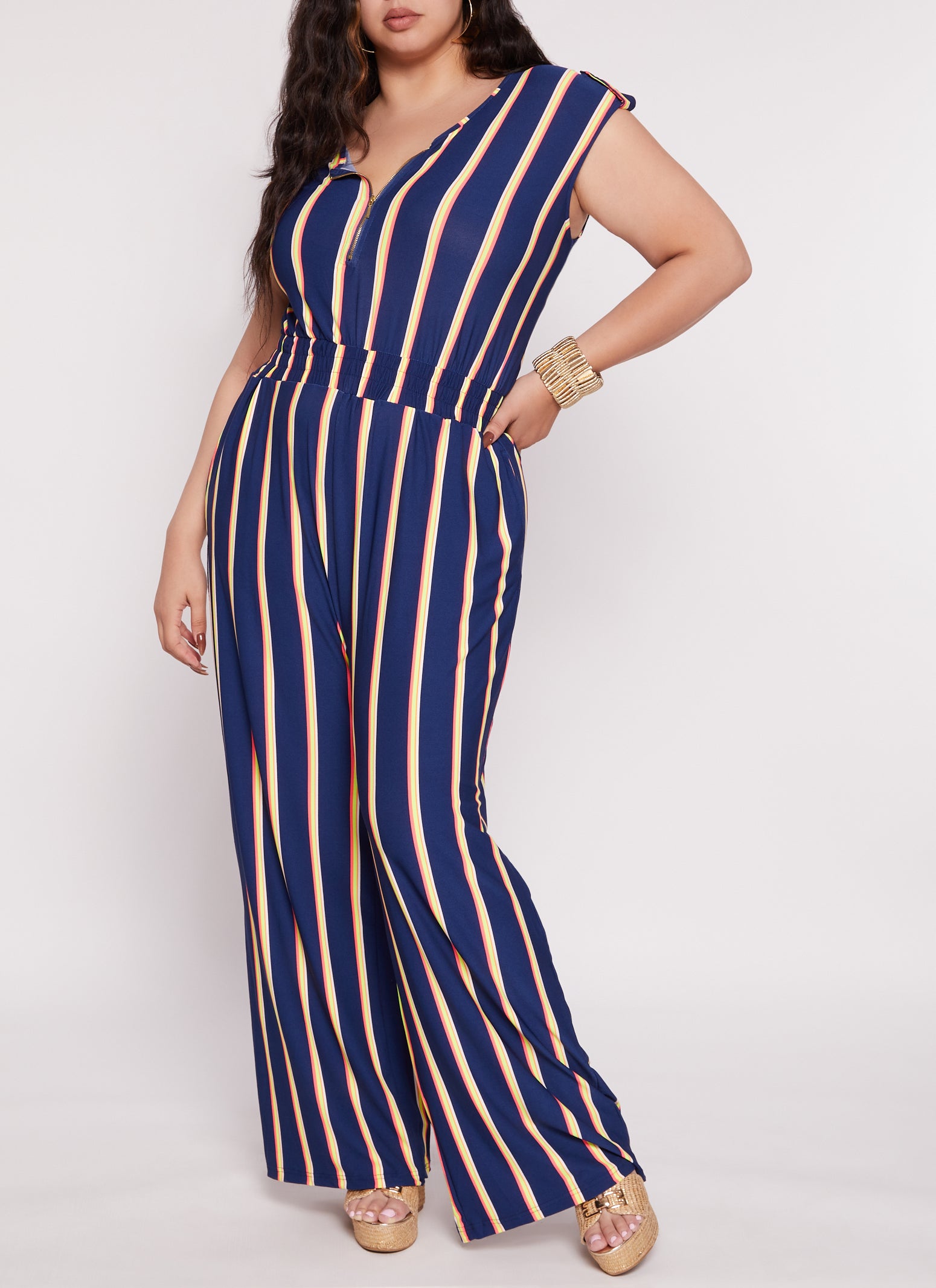 Womens Plus Size Striped Half Zip Jumpsuit, Blue, Size 4X