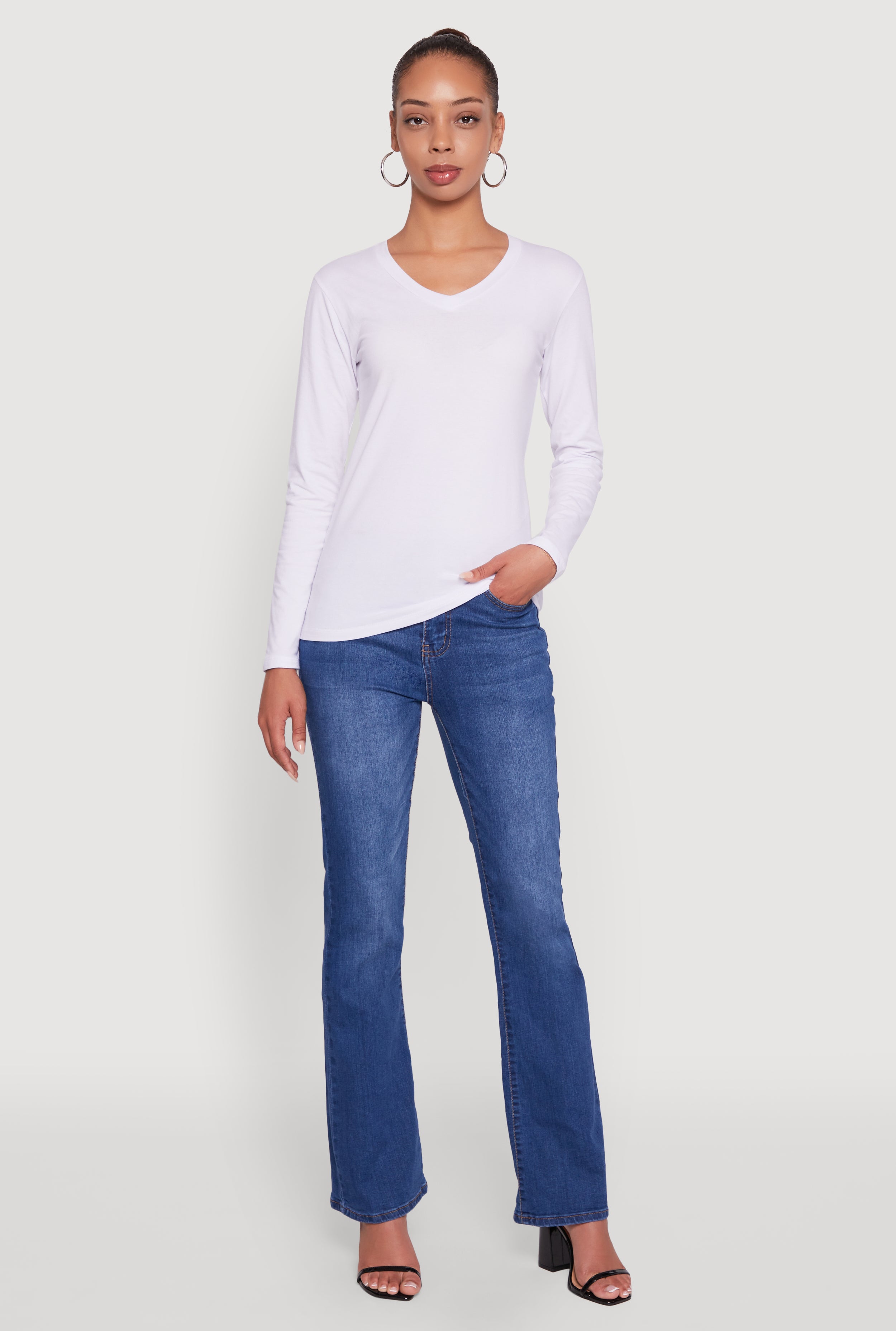 Womens V-Neck Long Sleeve Solid T-Shirt, White, Size S