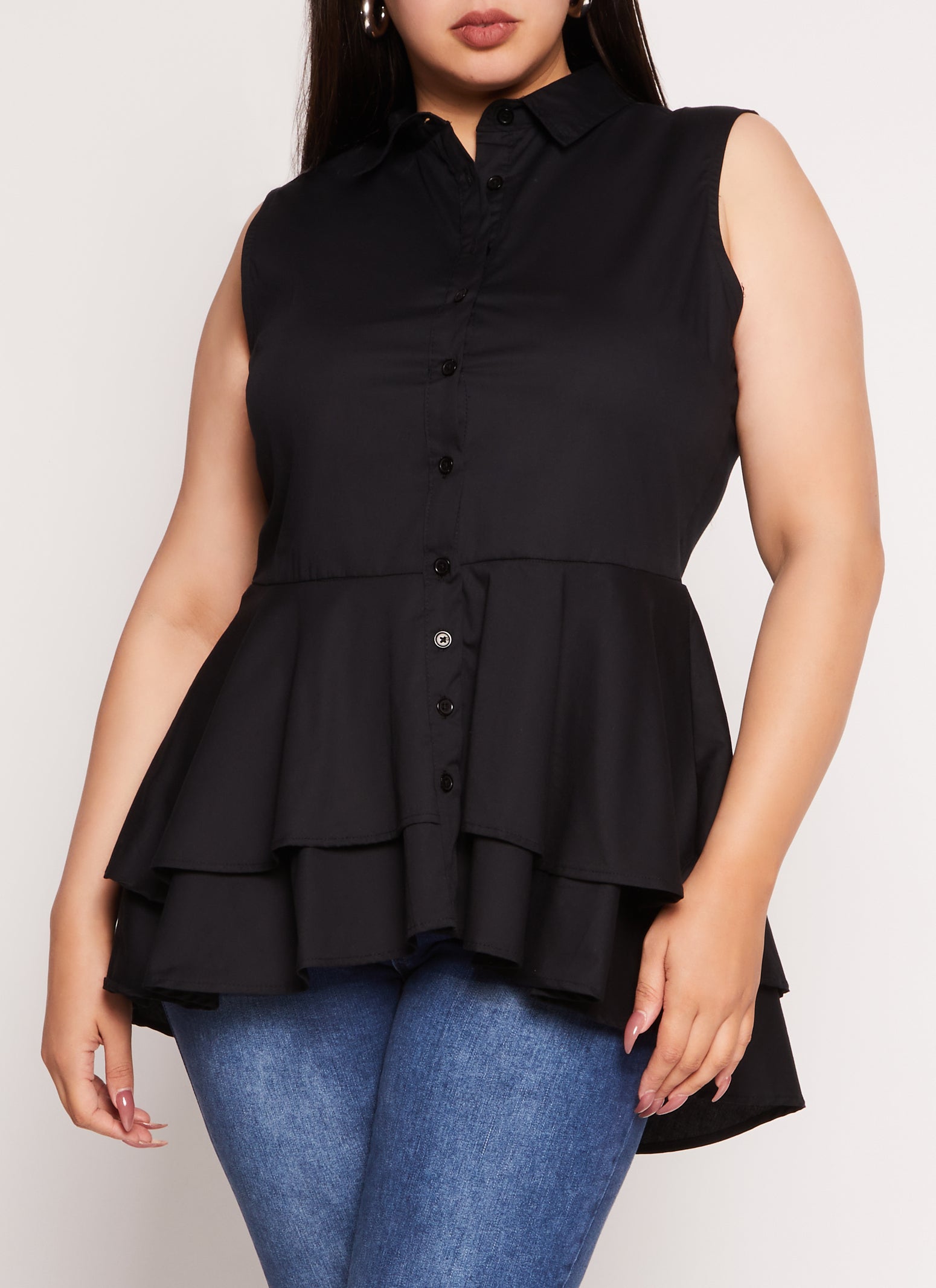 Womens Plus Size Sleeveless Tiered Button Front Shirt, Black, Size 3X