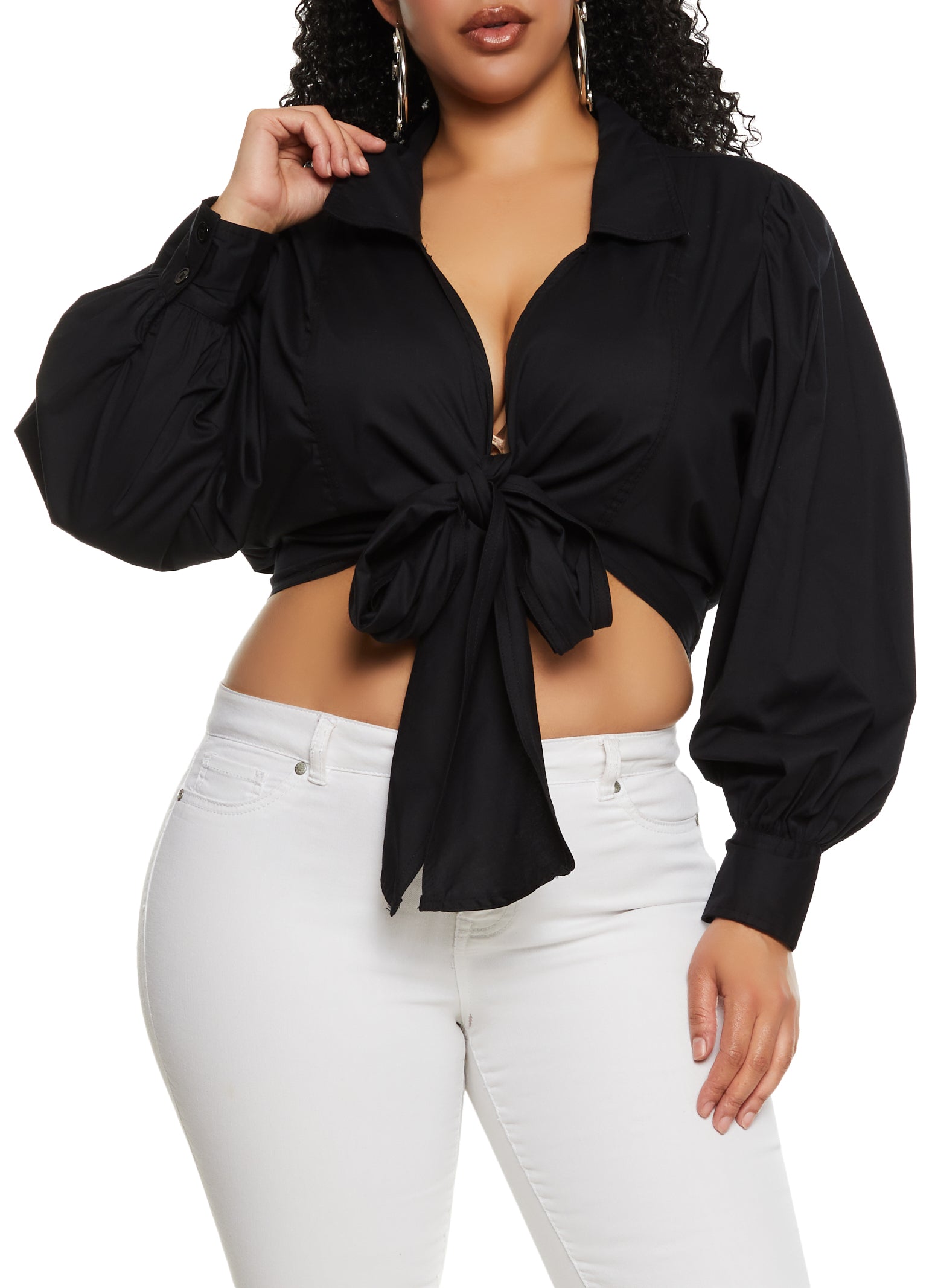 Womens Plus Collared Tie Front Crop Top,