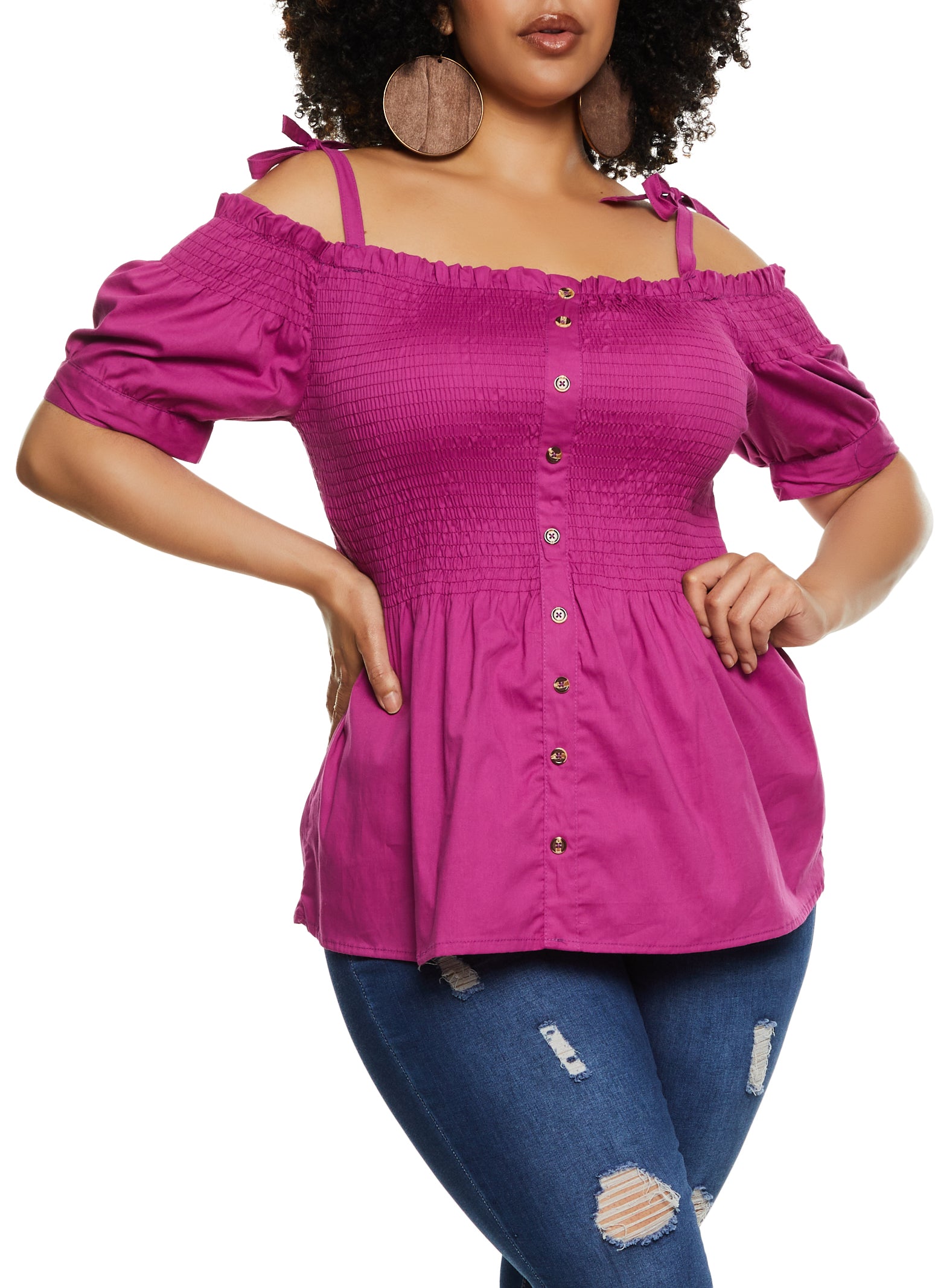 Womens Plus Tie Strap Smocked Cold Shoulder Top,