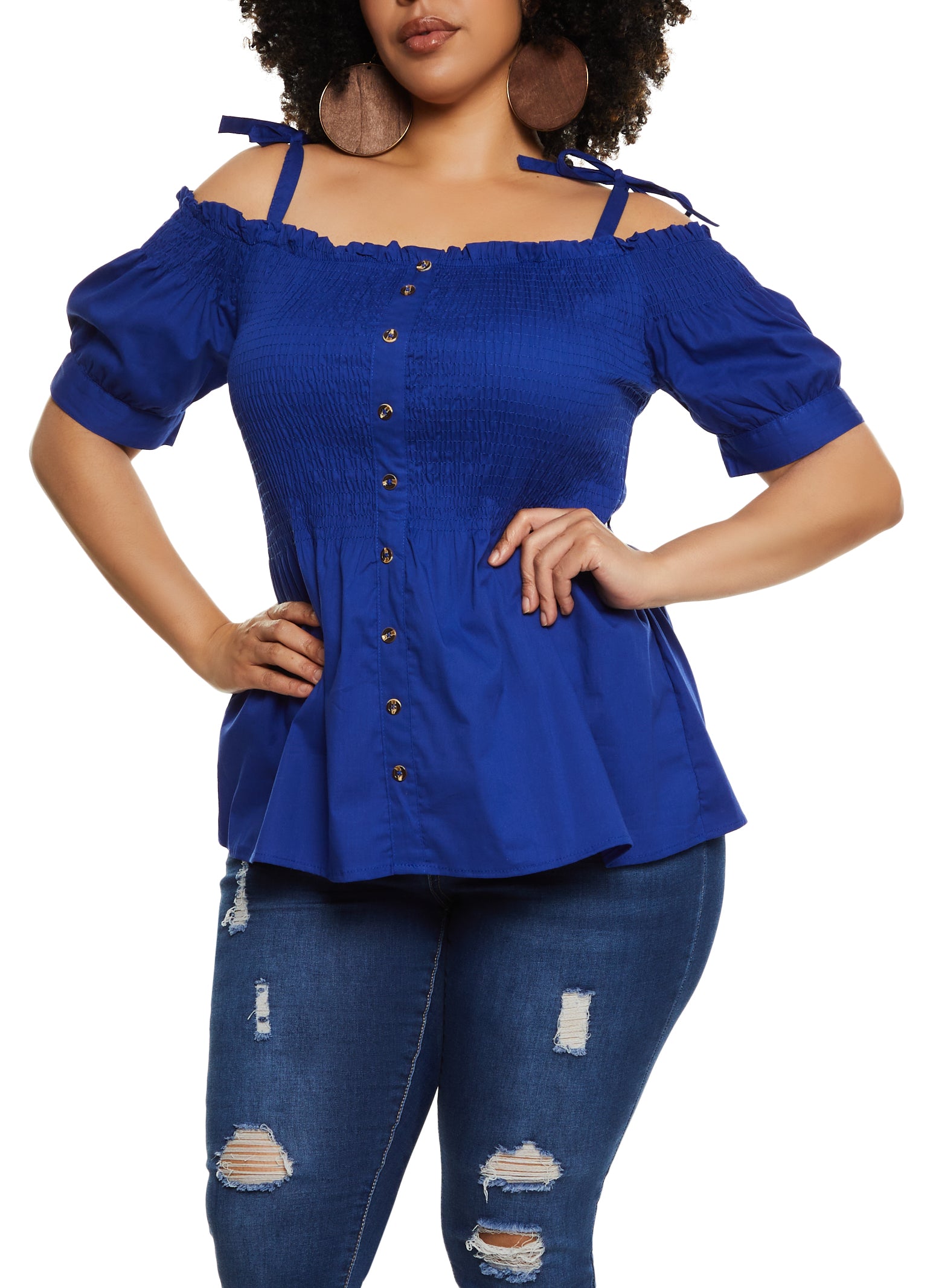Womens Plus Size Tie Strap Smocked Cold Shoulder Top, Blue, Size 3X