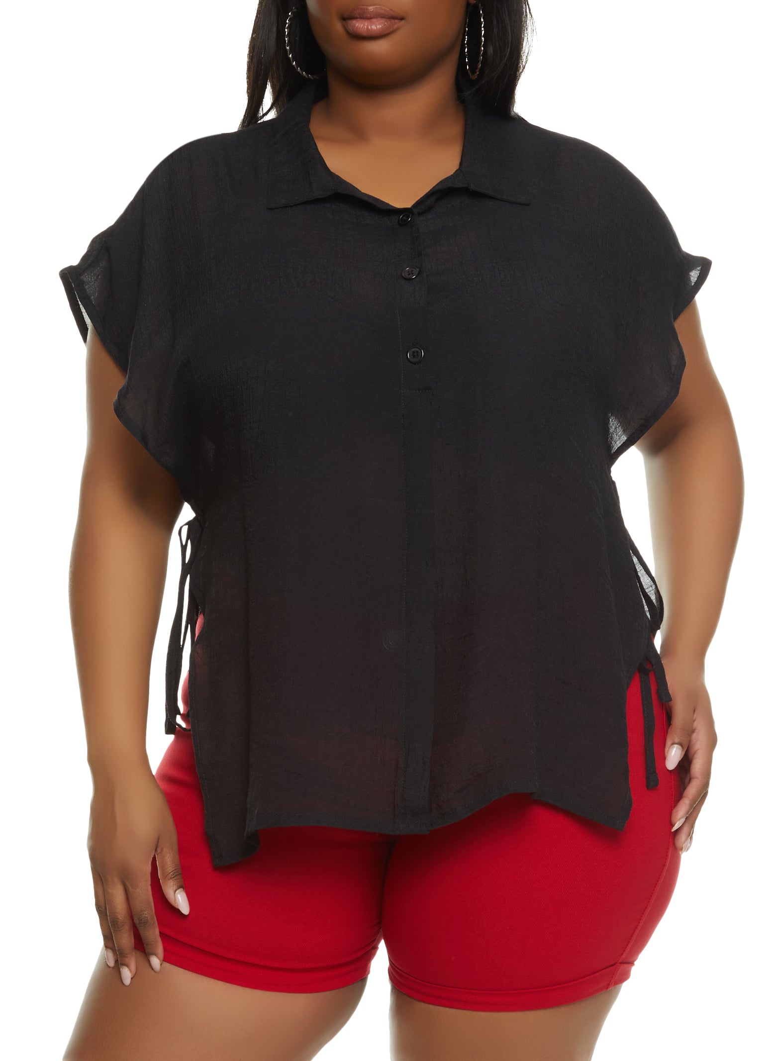 Womens Plus Solid Open Side Tie Button Front Top,