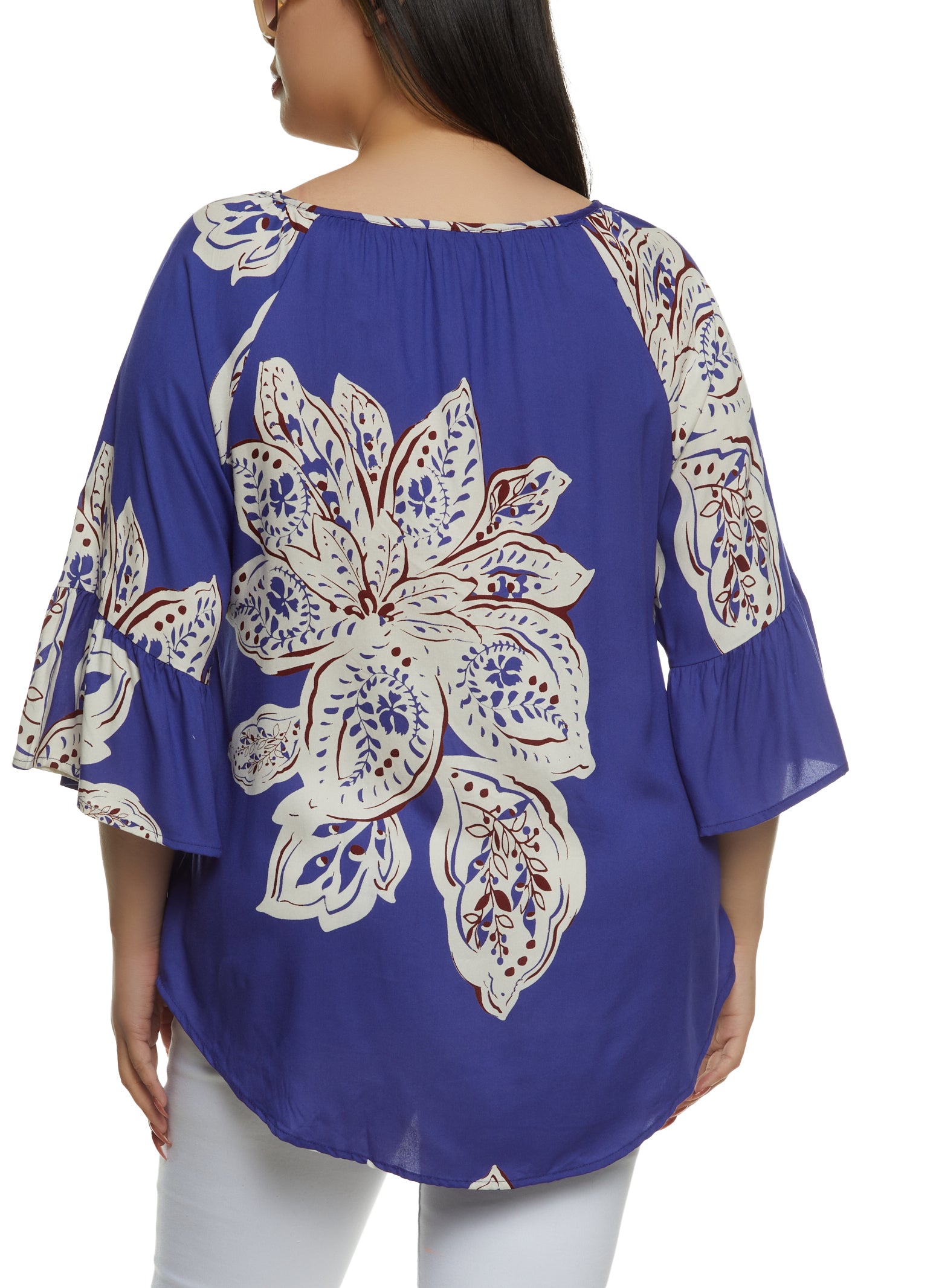 Womens Plus Size Floral Print Bell Sleeve Blouse, Blue, Size 2X