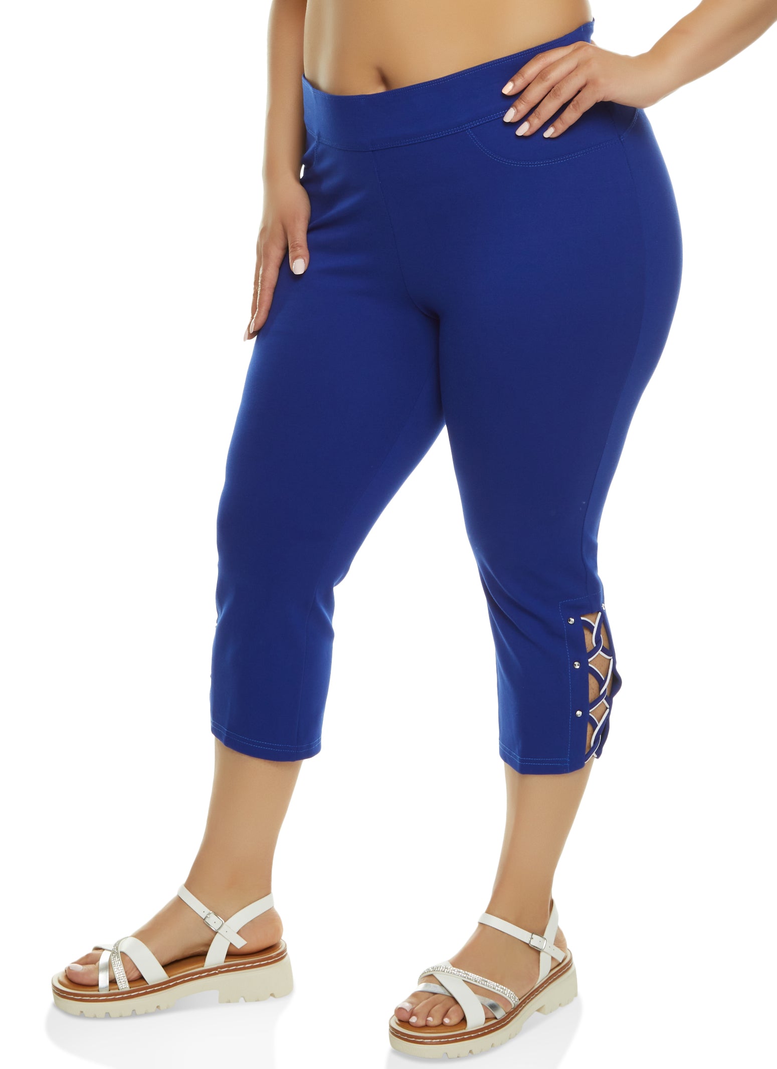 Womens Plus Size Rhinestone Cut Out Snatched Capri Pants, Blue, Size 1X