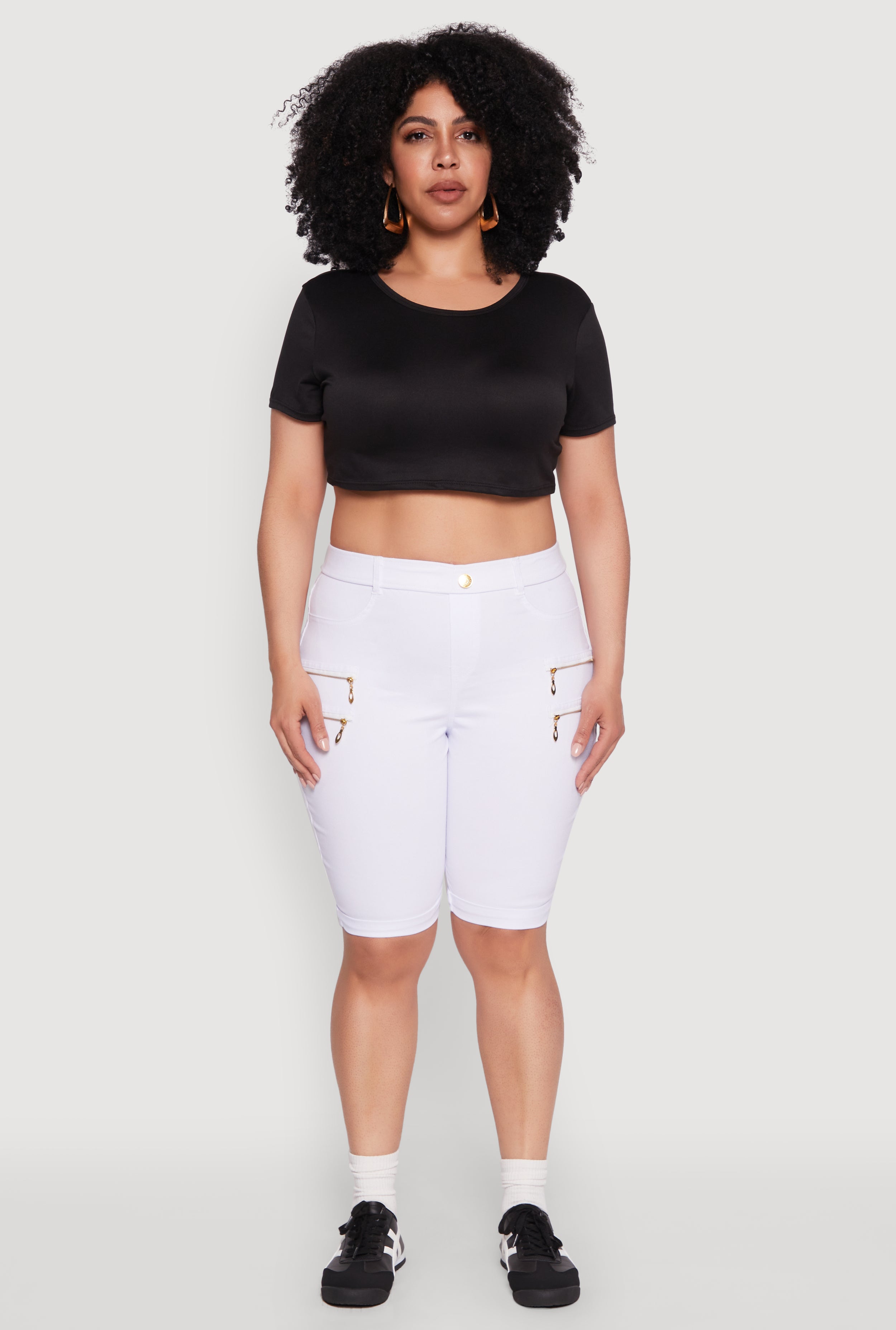 Womens Plus Zipper Detail Bermuda Shorts, White,