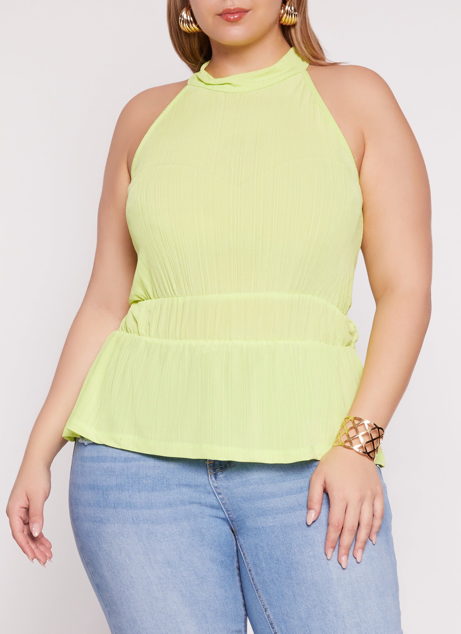 Womens Plus High Neck Sleeveless Peplum Top,