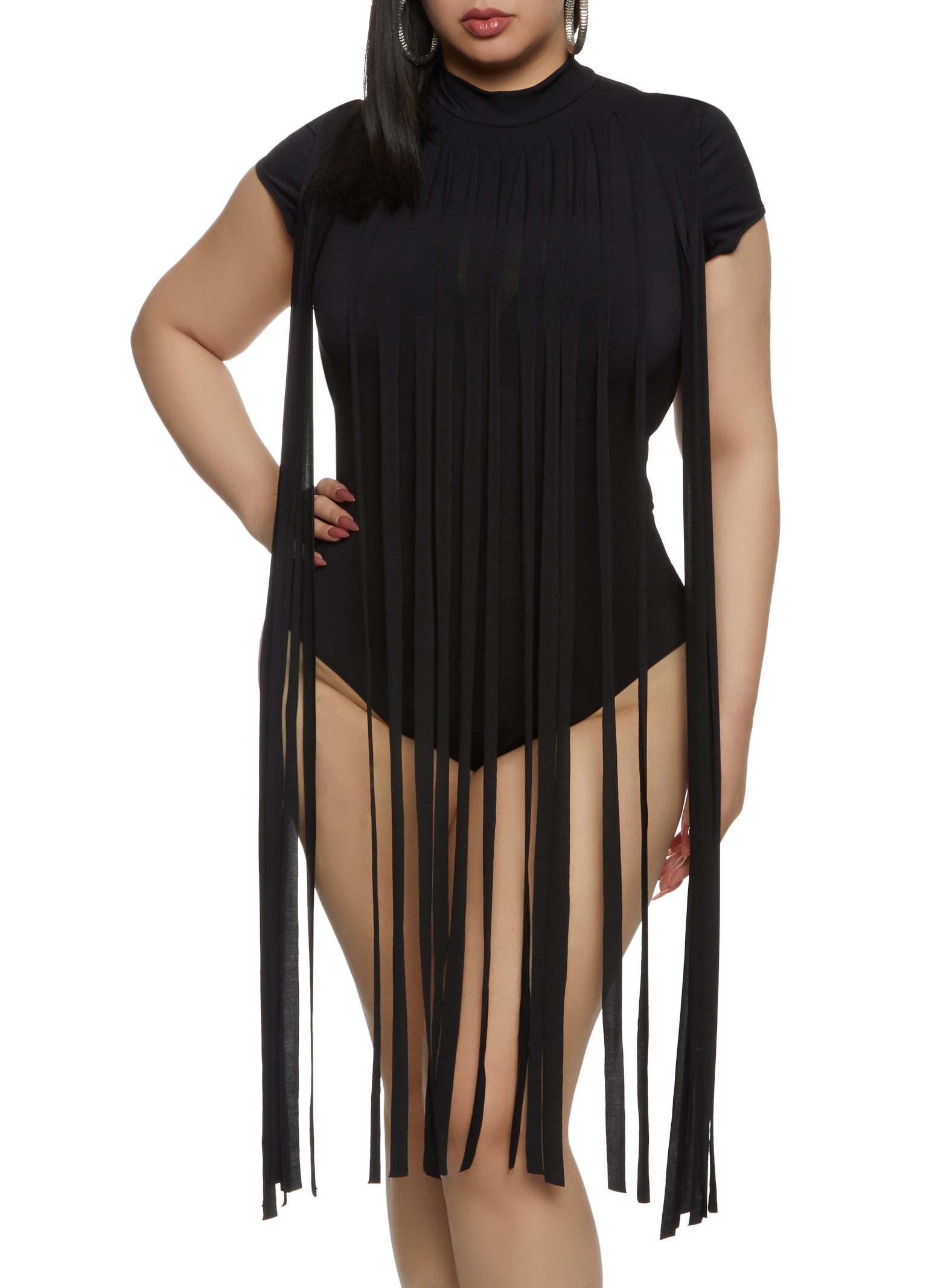 Womens Plus Size Fringe Mock Neck Bodysuit, Black, Size 3X