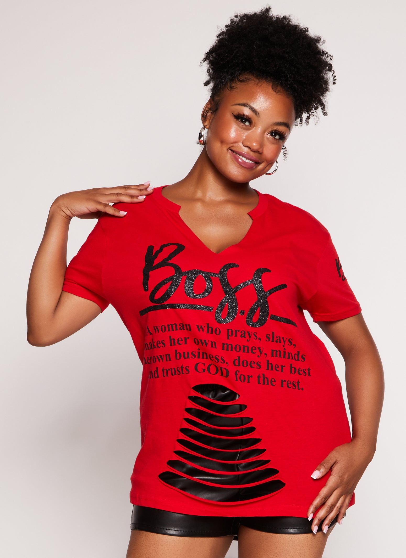 Womens Plus Size Boss Glitter Graphic Laser Cut Tee, Red, Size 1X