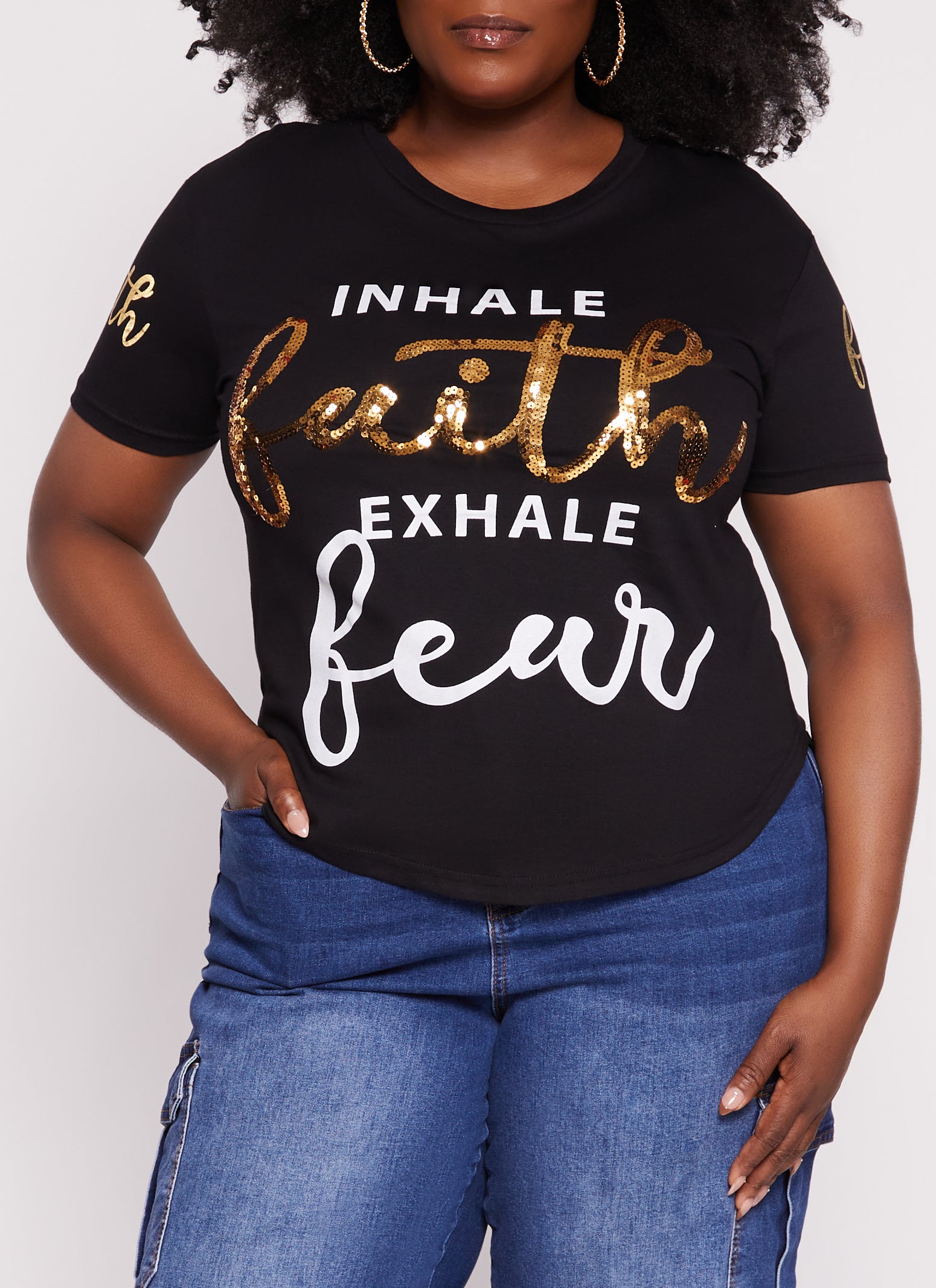 Womens Plus Size Inhale Faith Exhale Fear Sequin Graphic Tee, Black, Size 2X