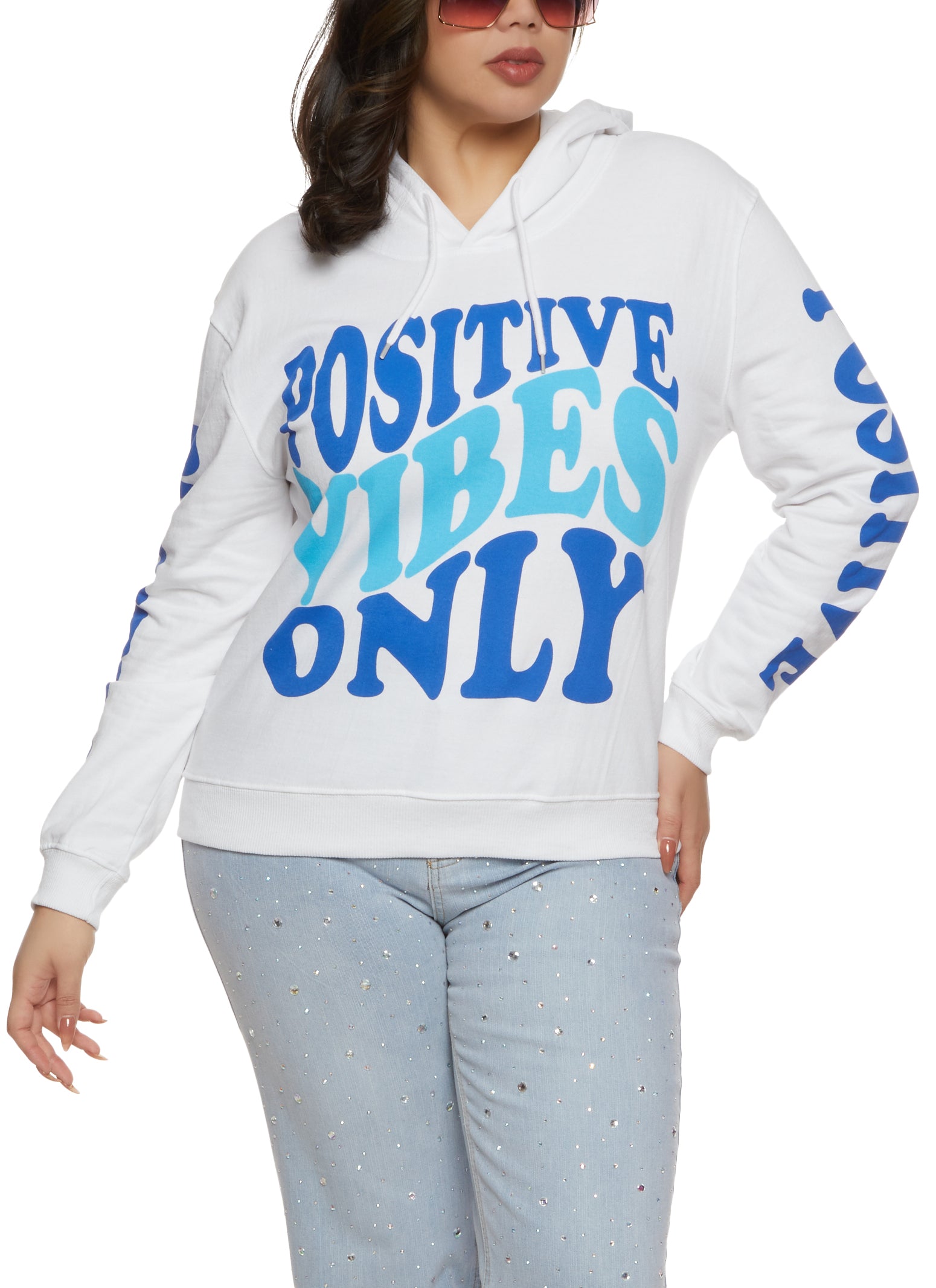 Womens Plus Positive Vibes Only Smiley Graphic Hoodie, White,