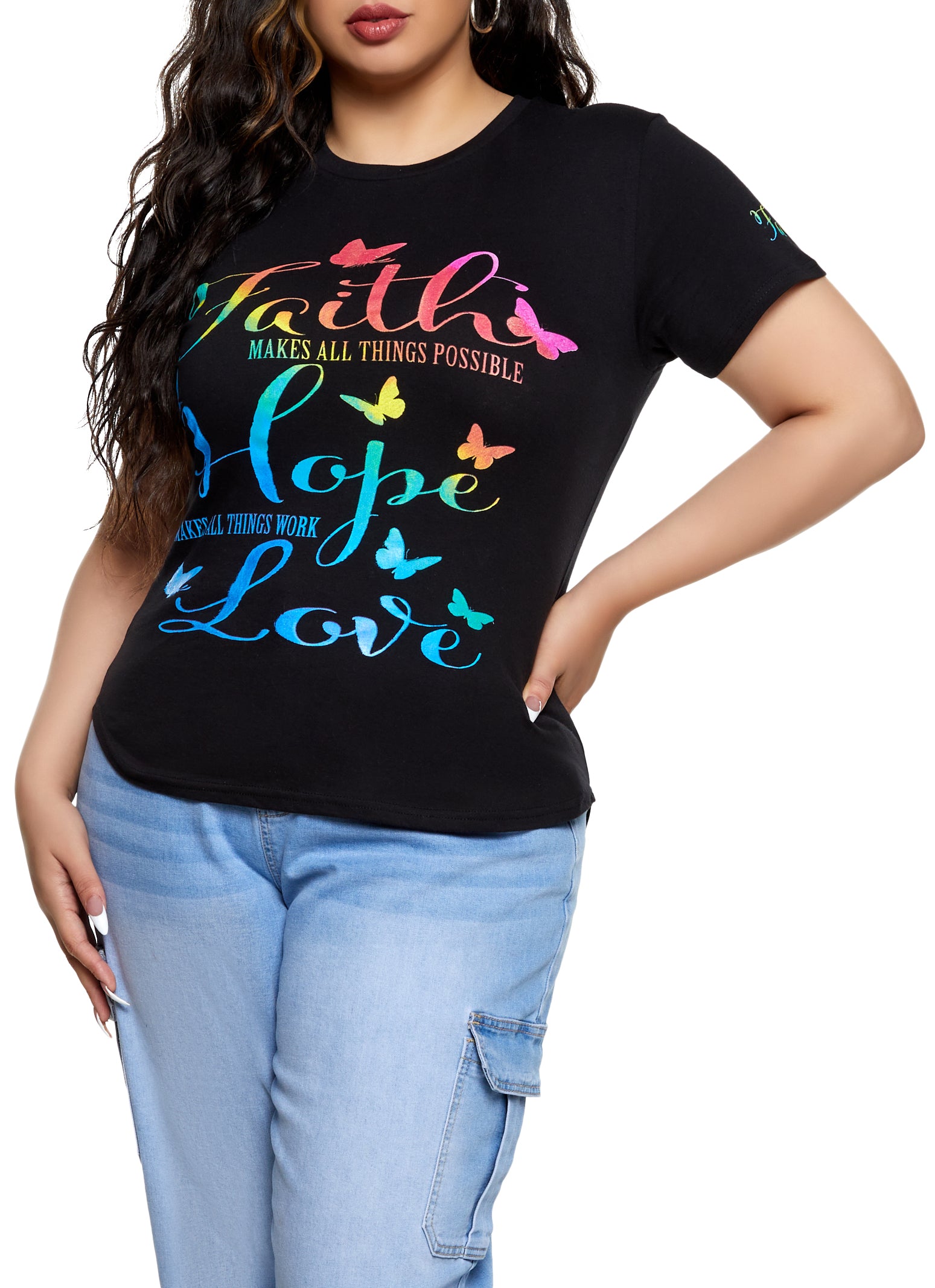 Womens Plus Size Faith Hope Love Graphic T Shirt, Black, Size 3X