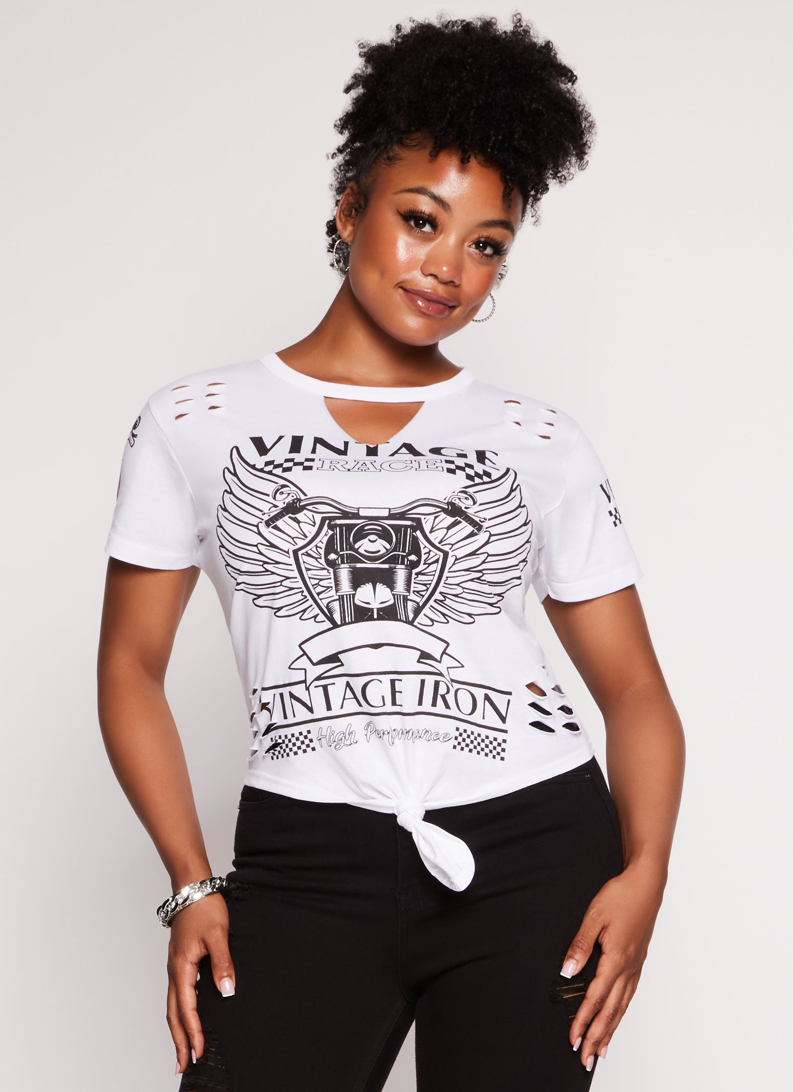 Womens Plus Size Vintage Race Graphic Cut Out Tee, White, Size 1X