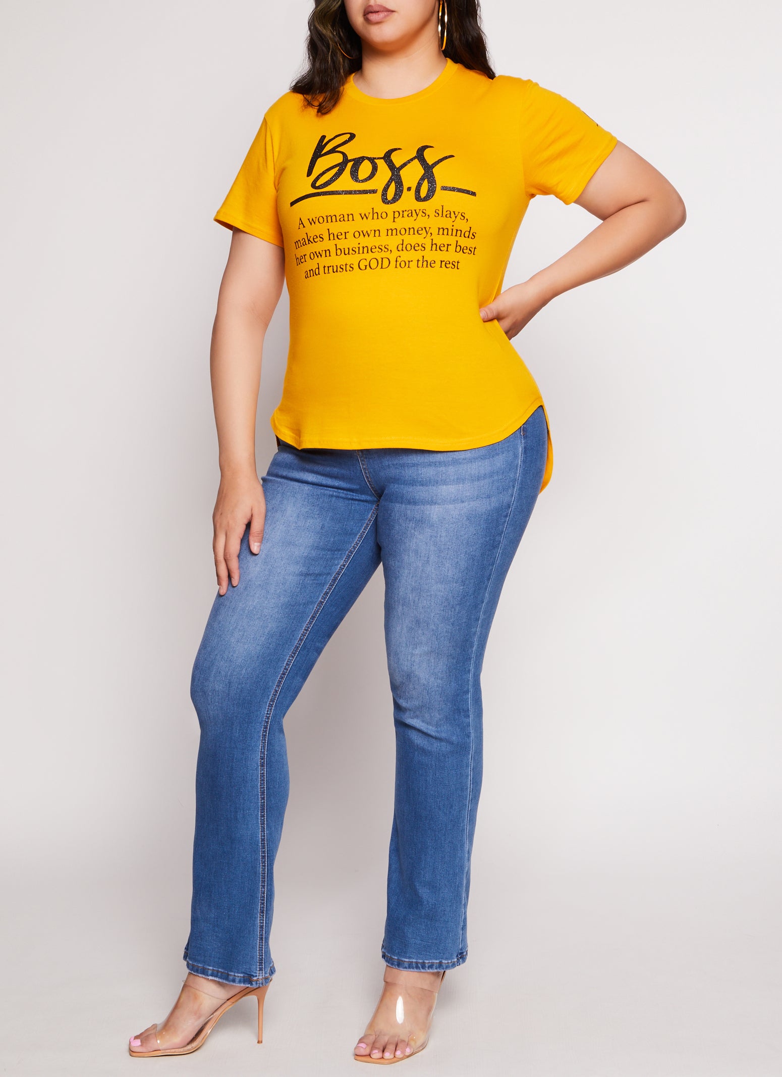 Womens Plus Size Boss Glitter High Low Graphic Tee, Yellow, Size 1X