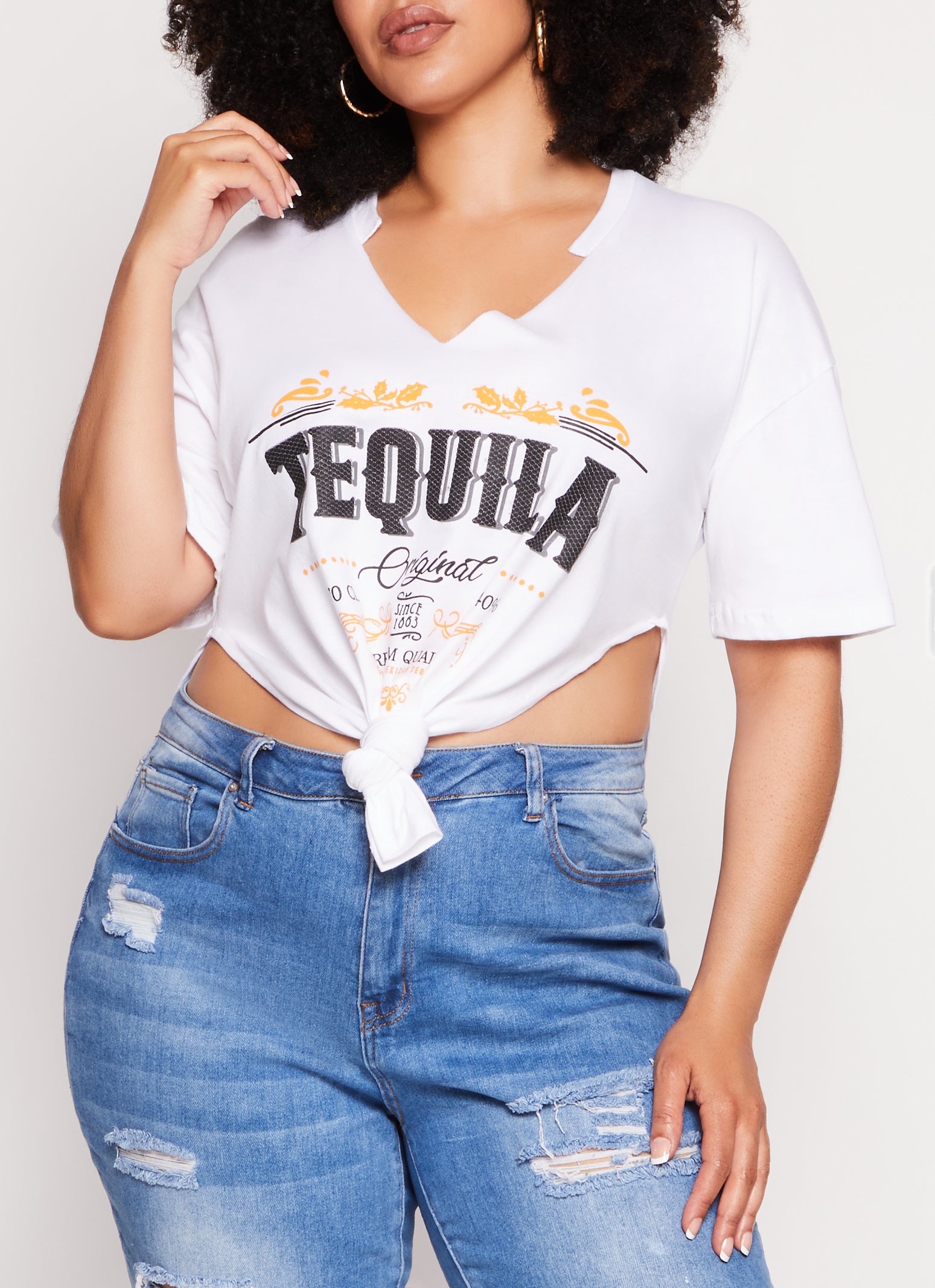 Womens Plus Size Tequila Graphic Notch Neck Tee, White, Size 3X