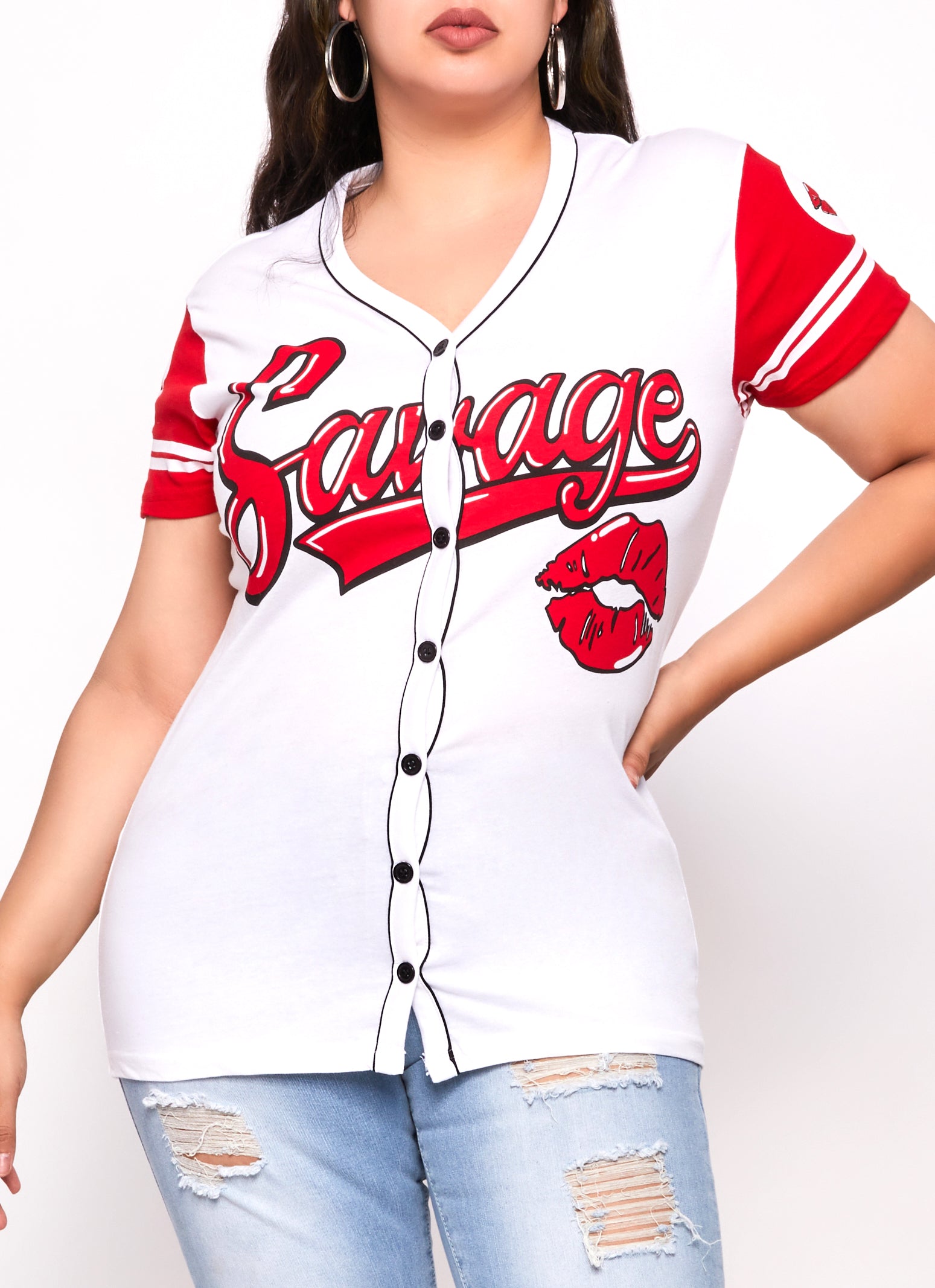 Womens Plus Size Savage 94 Lip Graphic Baseball Shirt, Multi, Size 3X