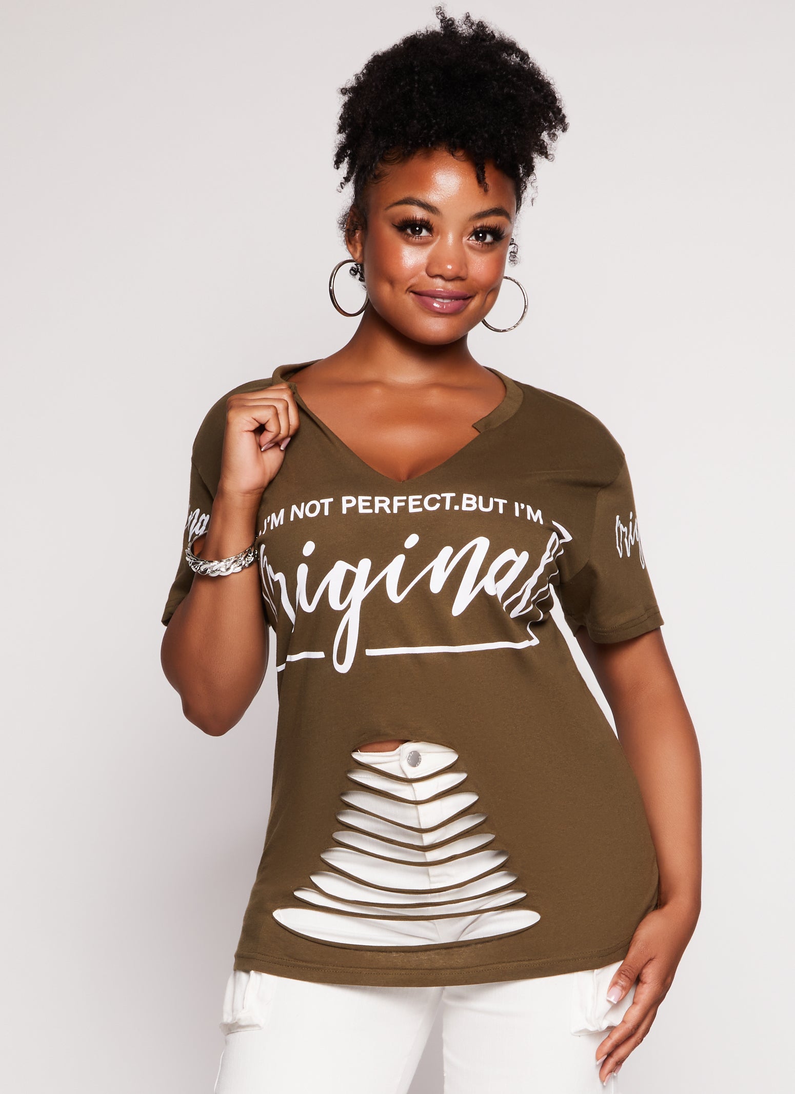 Womens Plus Im Not Perfect But Original Laser Cut Graphic Tee, Green,