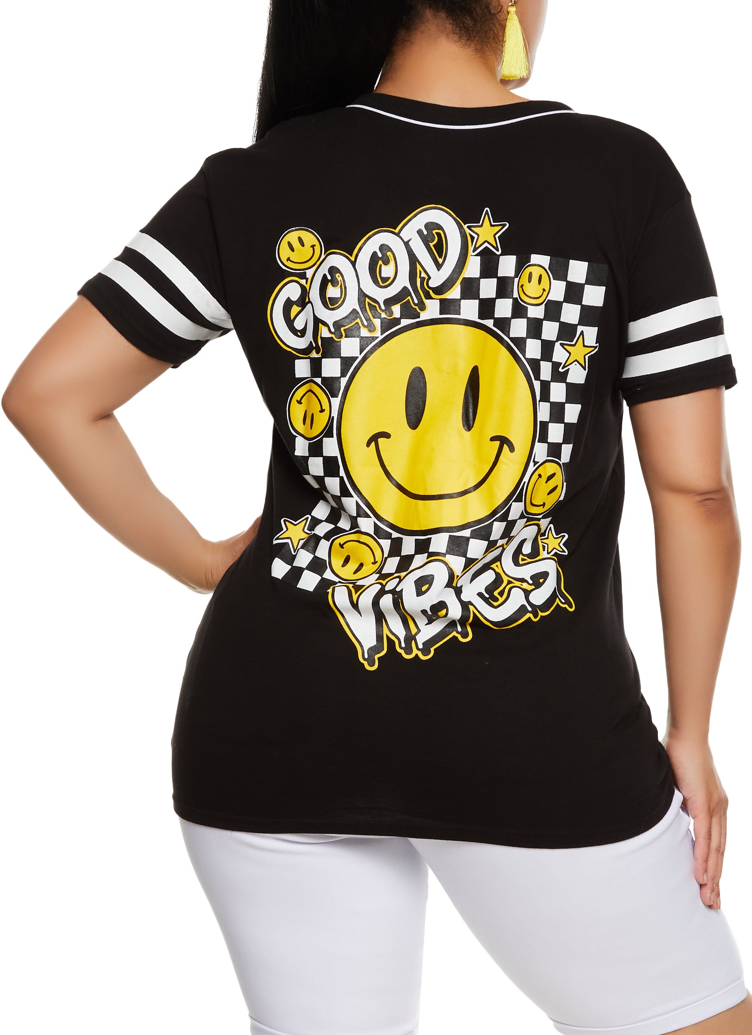 Womens Plus Size Good Vibes Baseball Shirt, Black, Size 1X