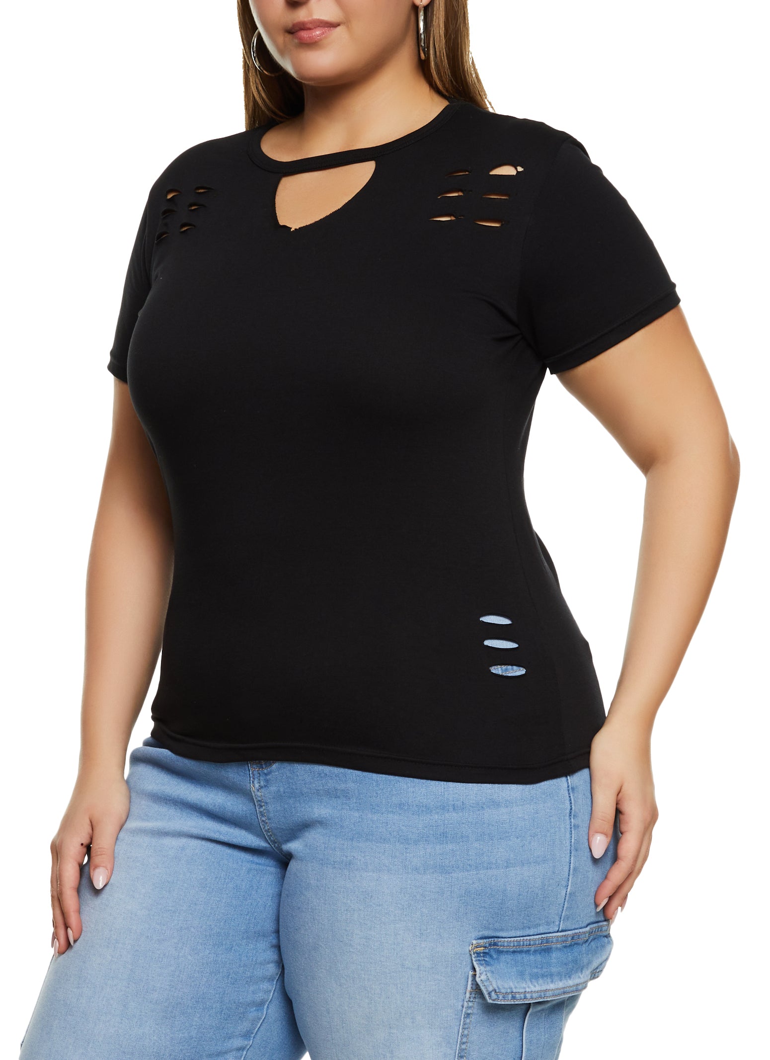 Womens Plus Size Basic Laser Cut T Shirt, Black, Size 2X