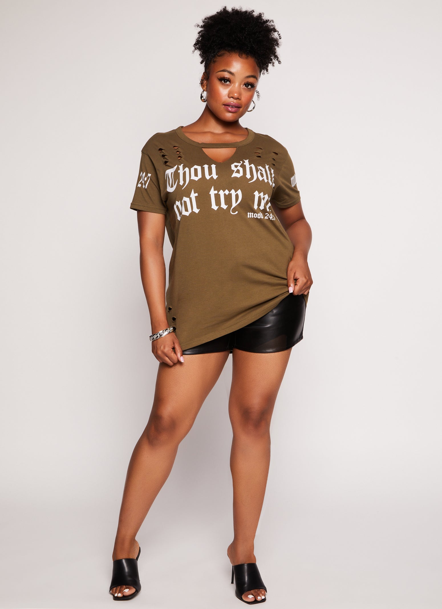 Womens Plus Size Thou Shall Not Try Me Short Sleeve Graphic Tee, Green, Size 1X