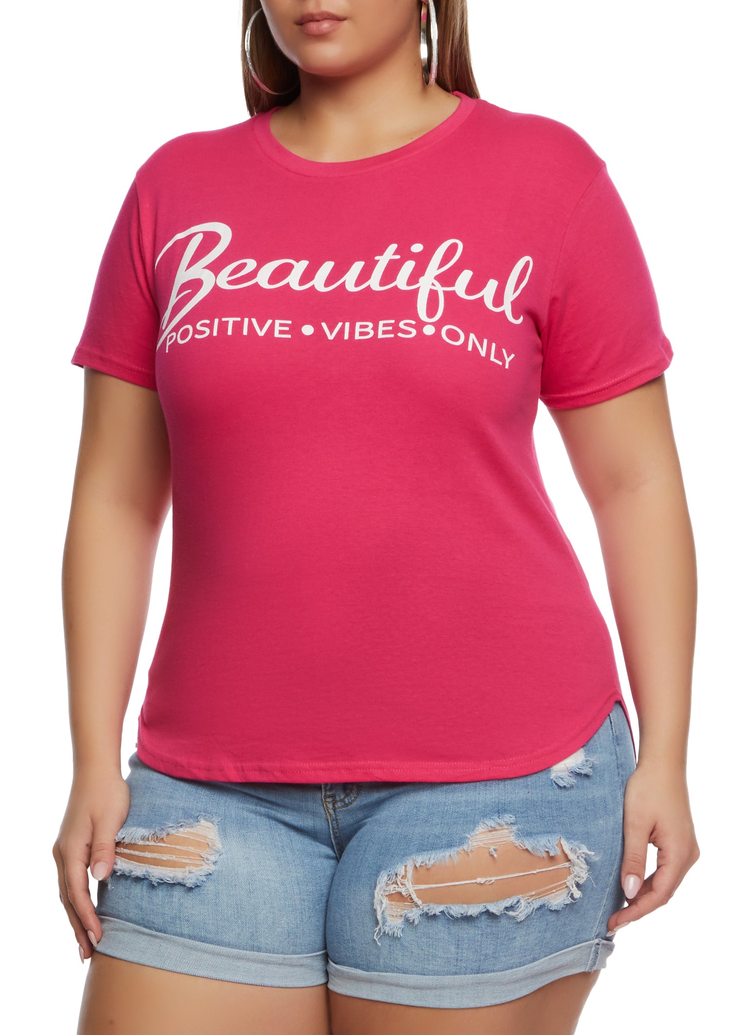 Womens Plus Size Beautiful Positive Vibes Only Graphic High Low Tee, Pink, Size 1X
