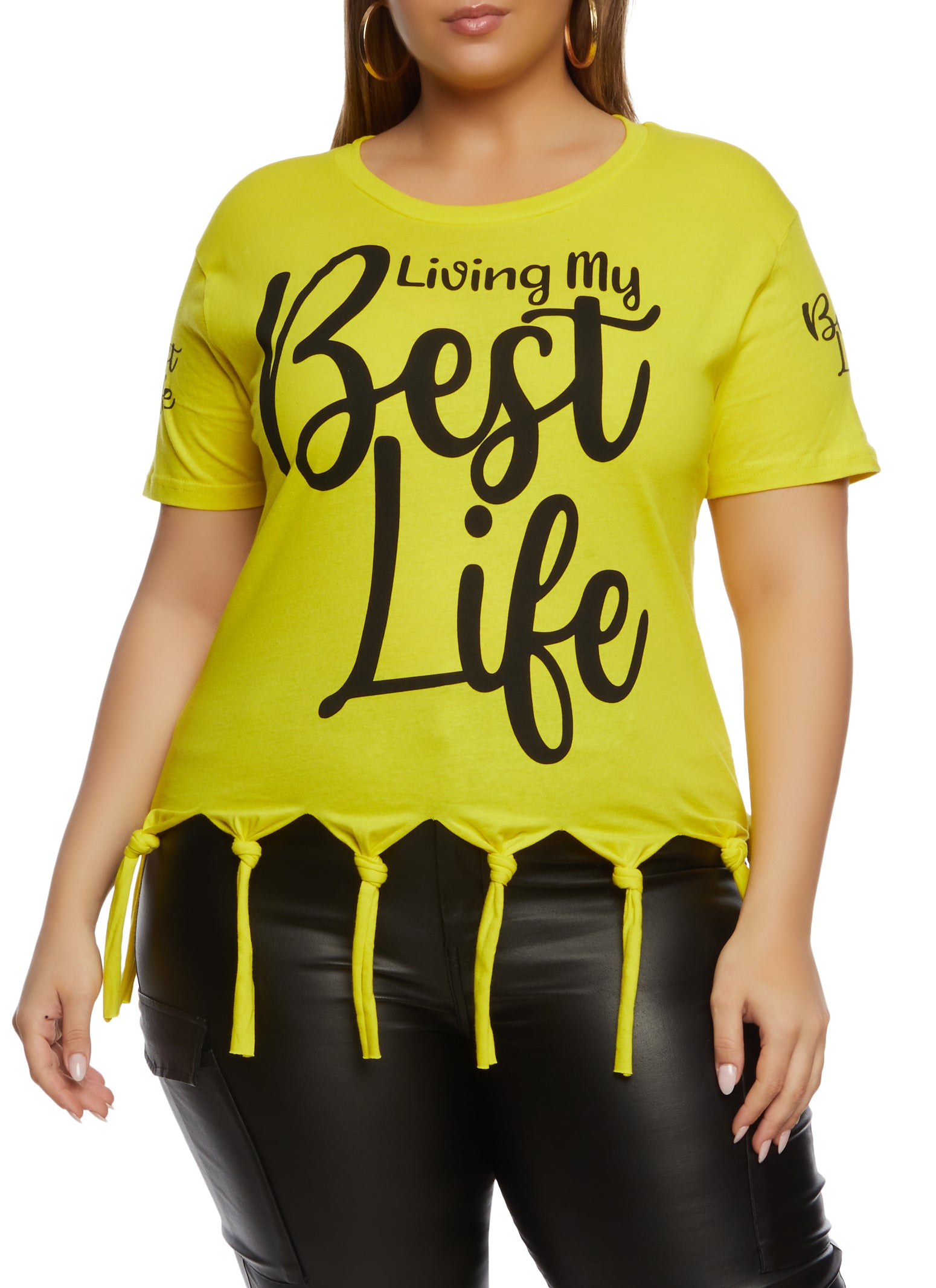 Womens Plus Size Living My Best Life Knot Hem Graphic Tee, Yellow, Size 1X