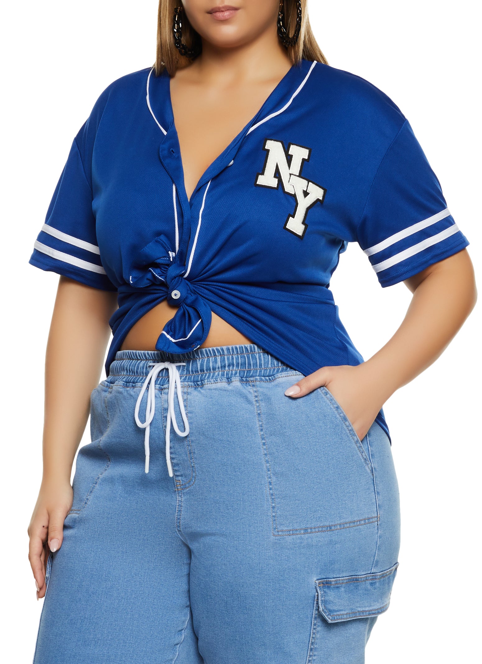 Womens Plus NY Chenille Patch Baseball Shirt,