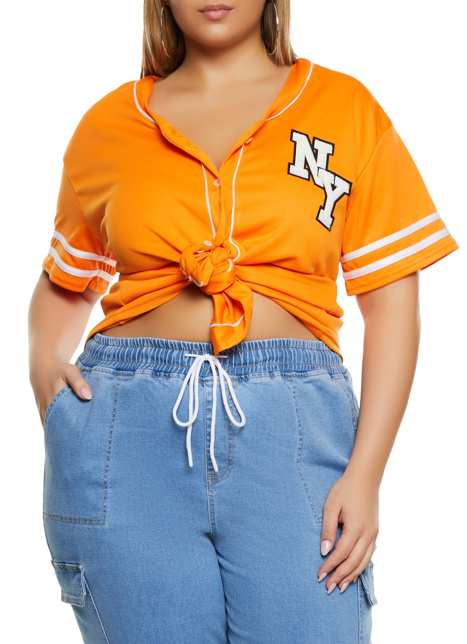 Womens Plus NY Chenille Patch Baseball Shirt, Orange,