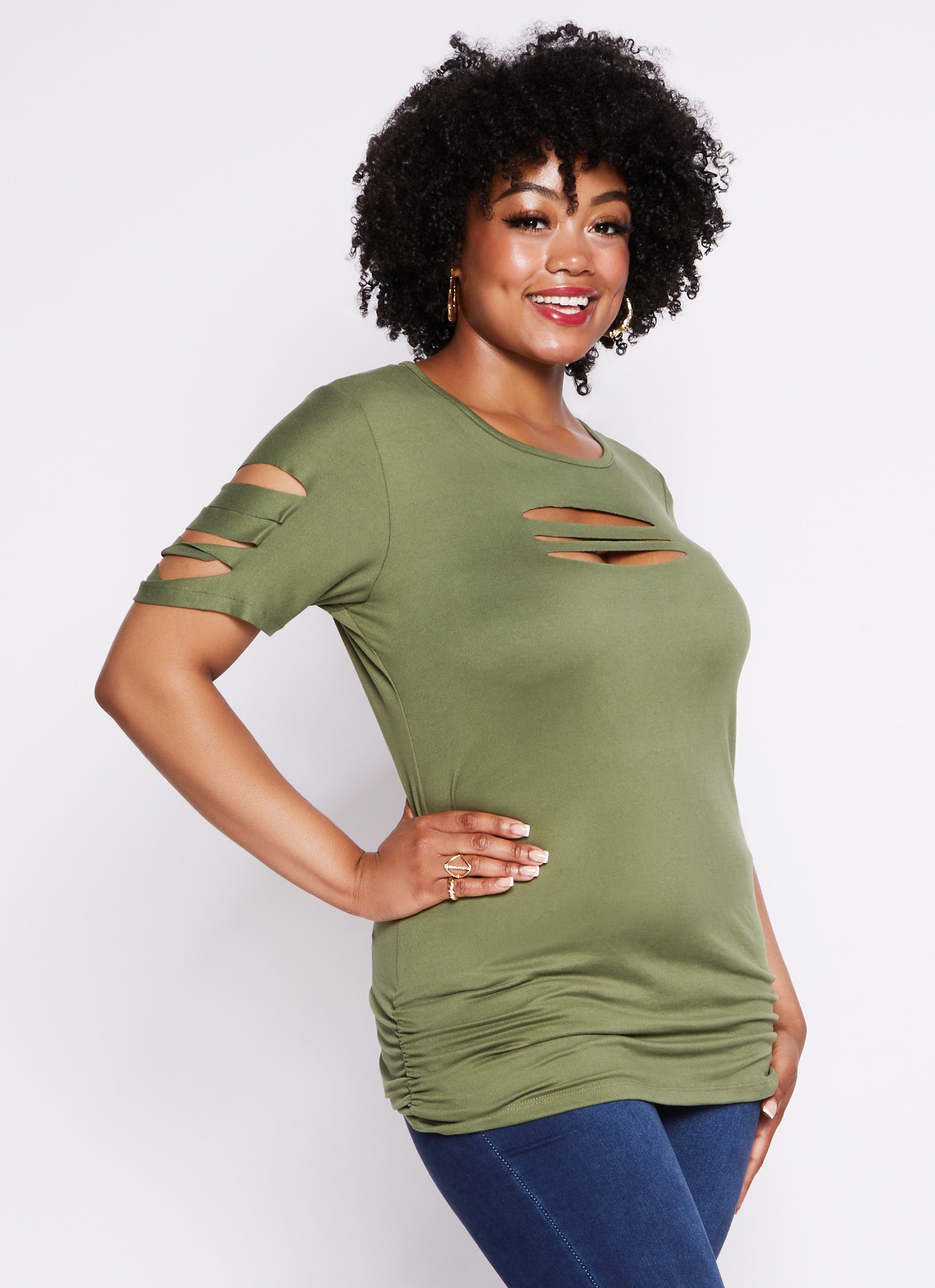 Womens Plus Laser Cut Ruched T Shirt,