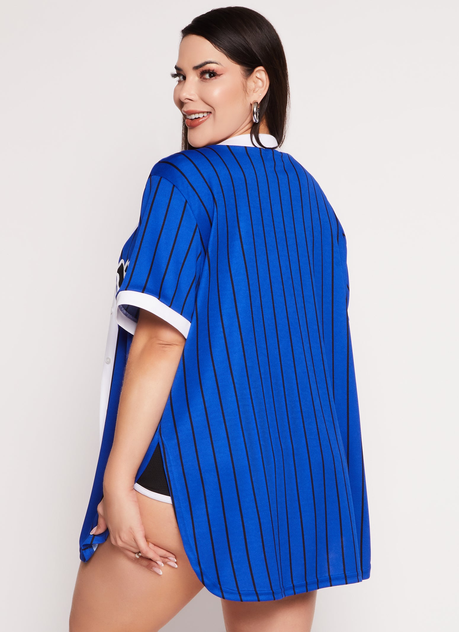 Womens Plus Size Striped Love Graphic Baseball Jersey, Blue, Size 3X