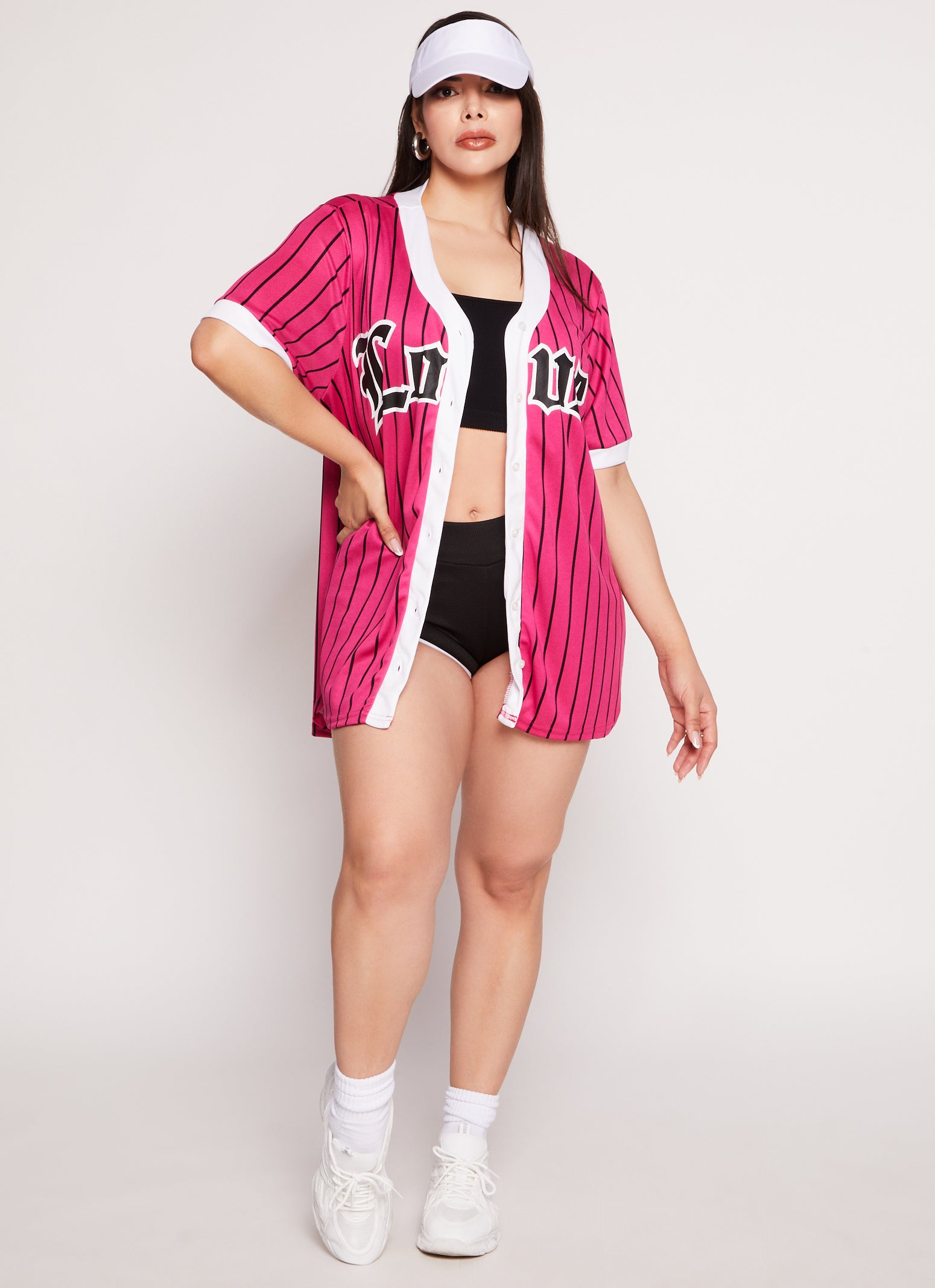 Womens Plus Striped Love Graphic Baseball Jersey, Pink,