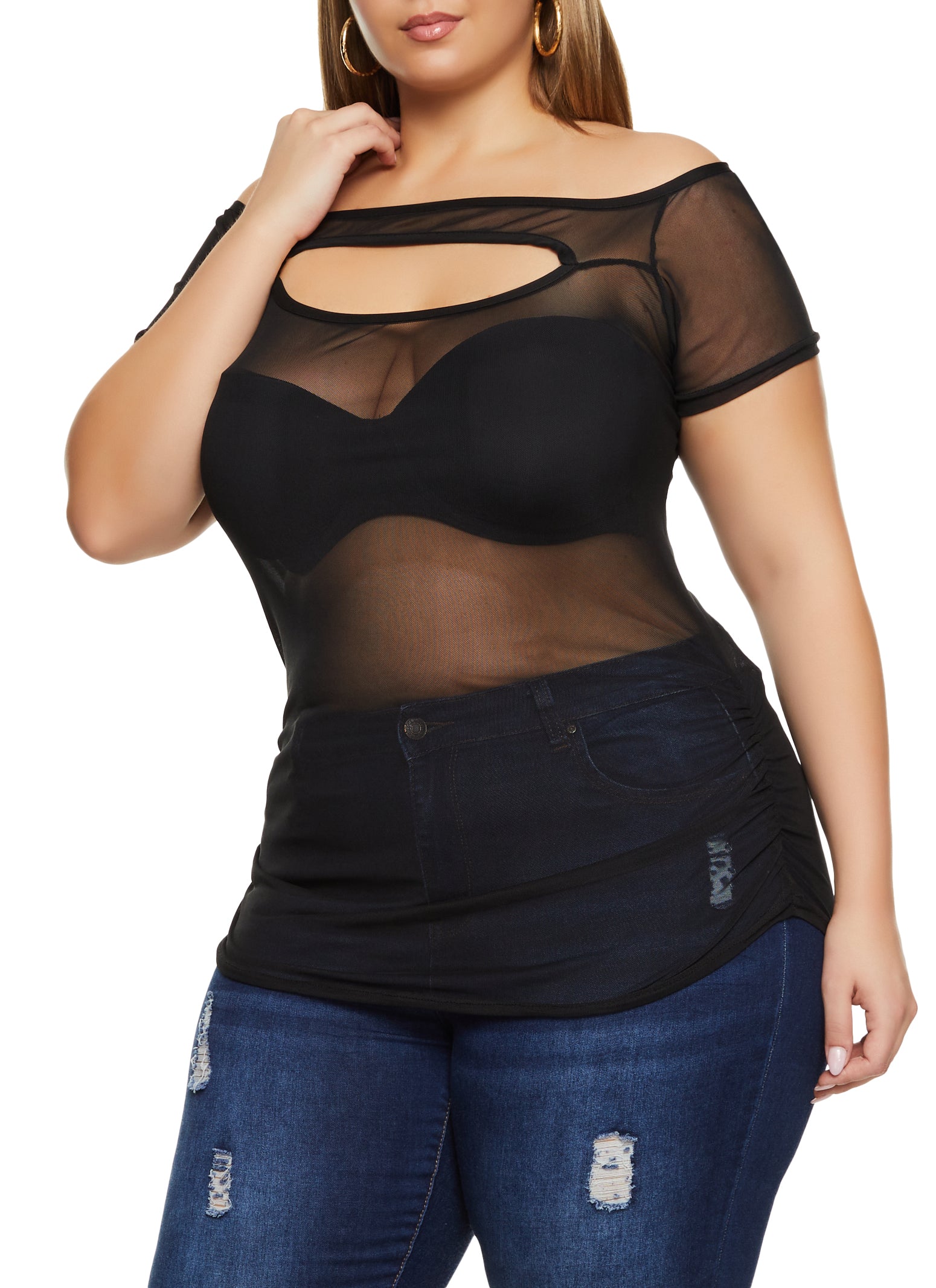 Womens Plus Mesh Keyhole Off the Shoulder Top,