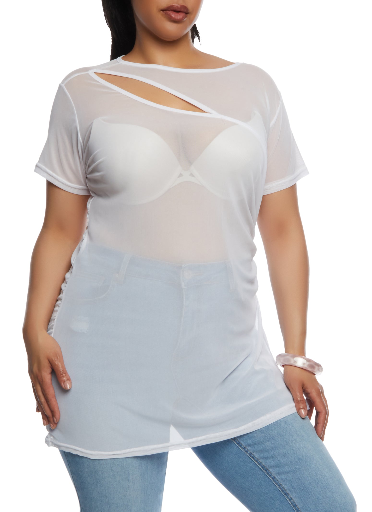 Womens Plus Size Mesh Keyhole Side Slit Tunic Top, White, Size 4X