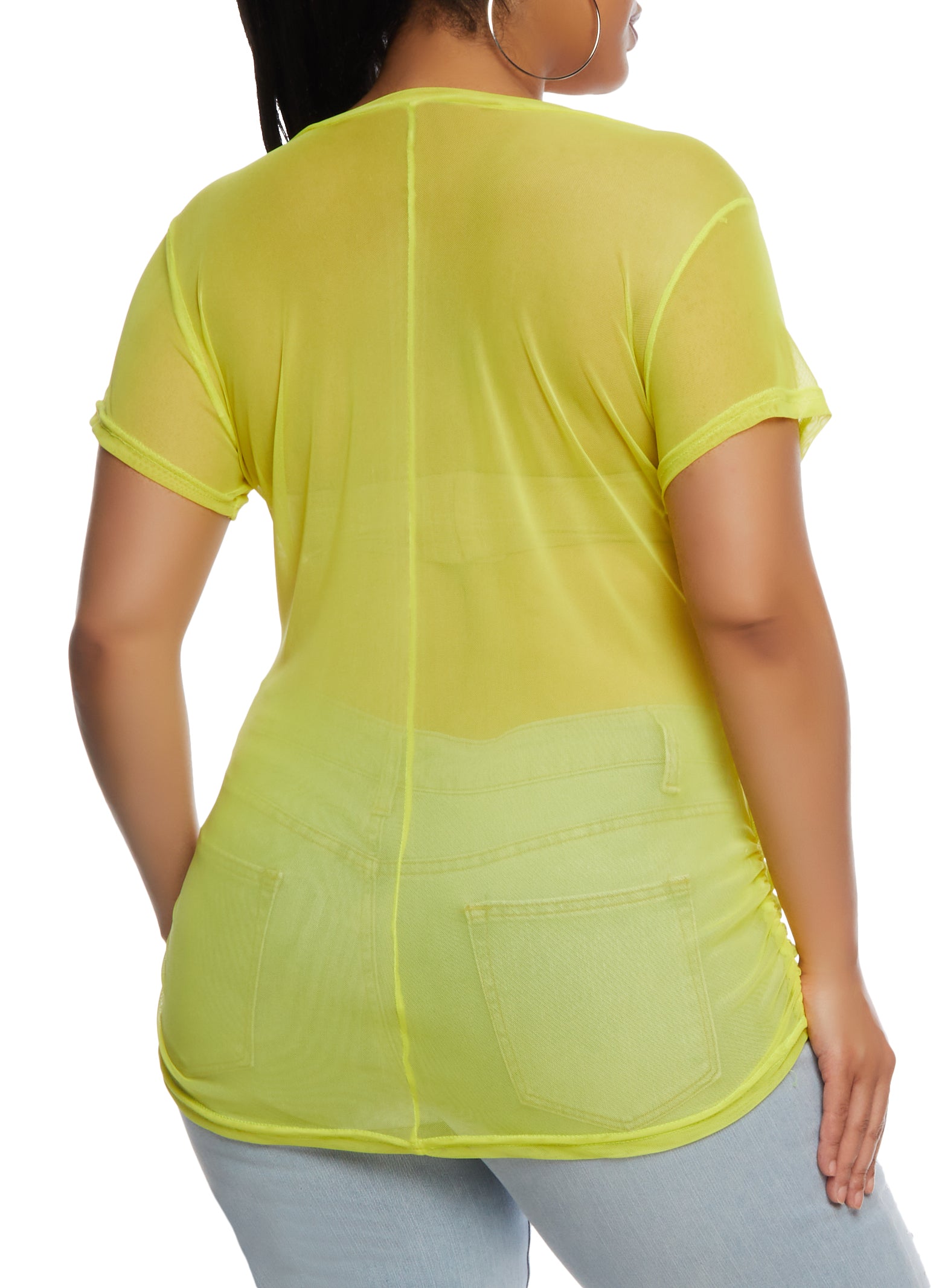 Womens Plus Mesh Ruched V Neck Top, Yellow,