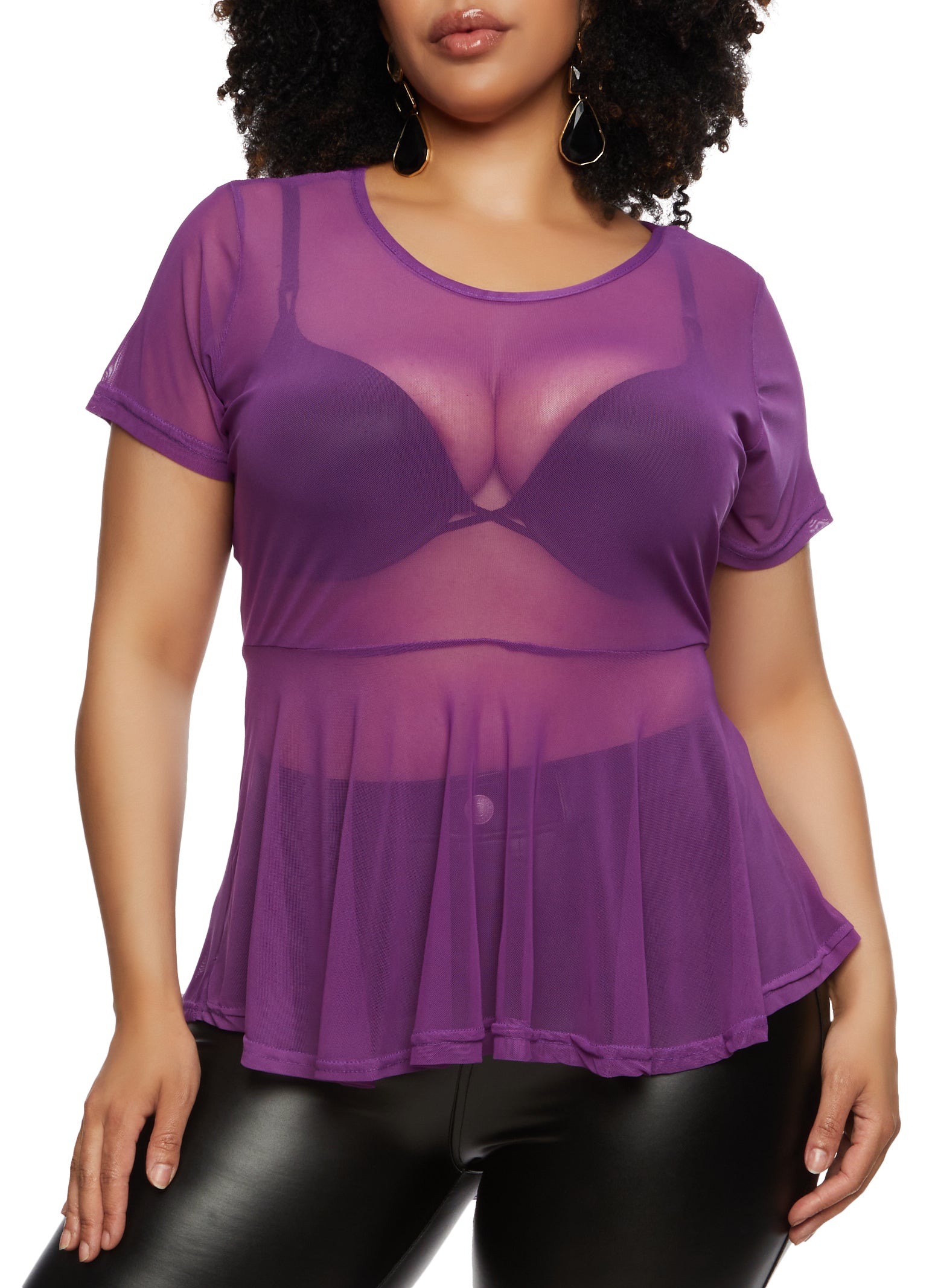 Womens Plus Sheer Mesh Short Sleeve Peplum Top,