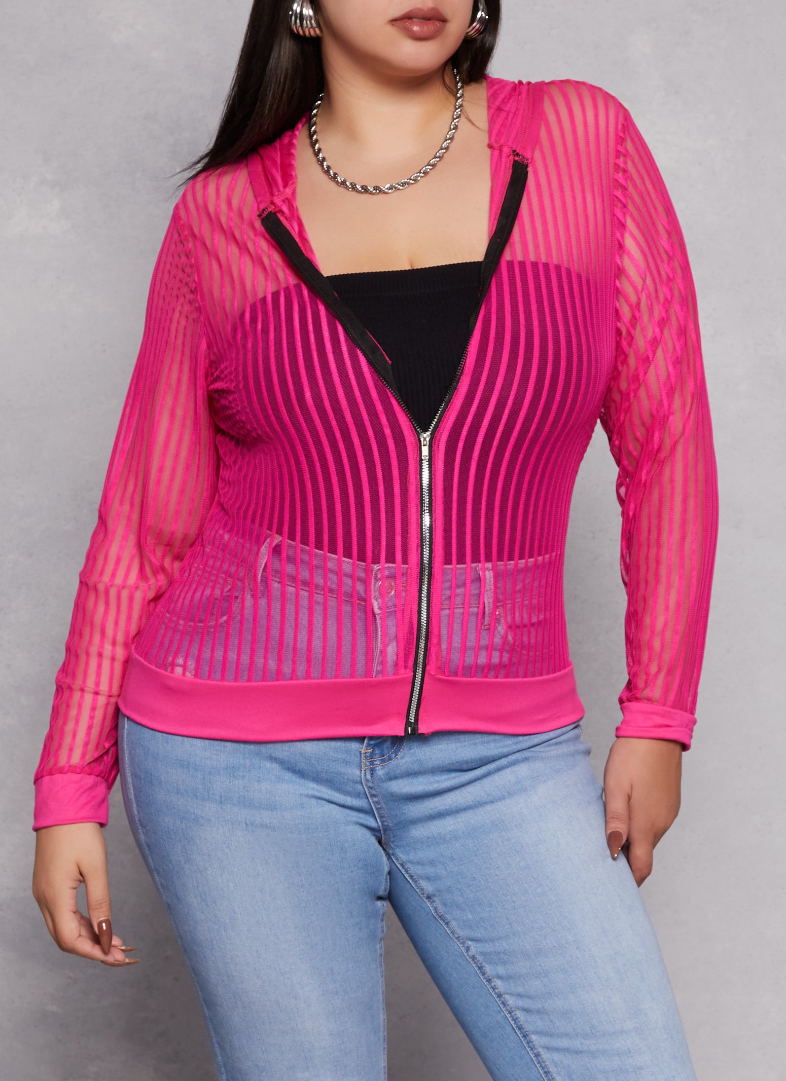 Womens Plus Size Mesh Shadow Striped Zip Front Hoodie, Pink, Size 2X