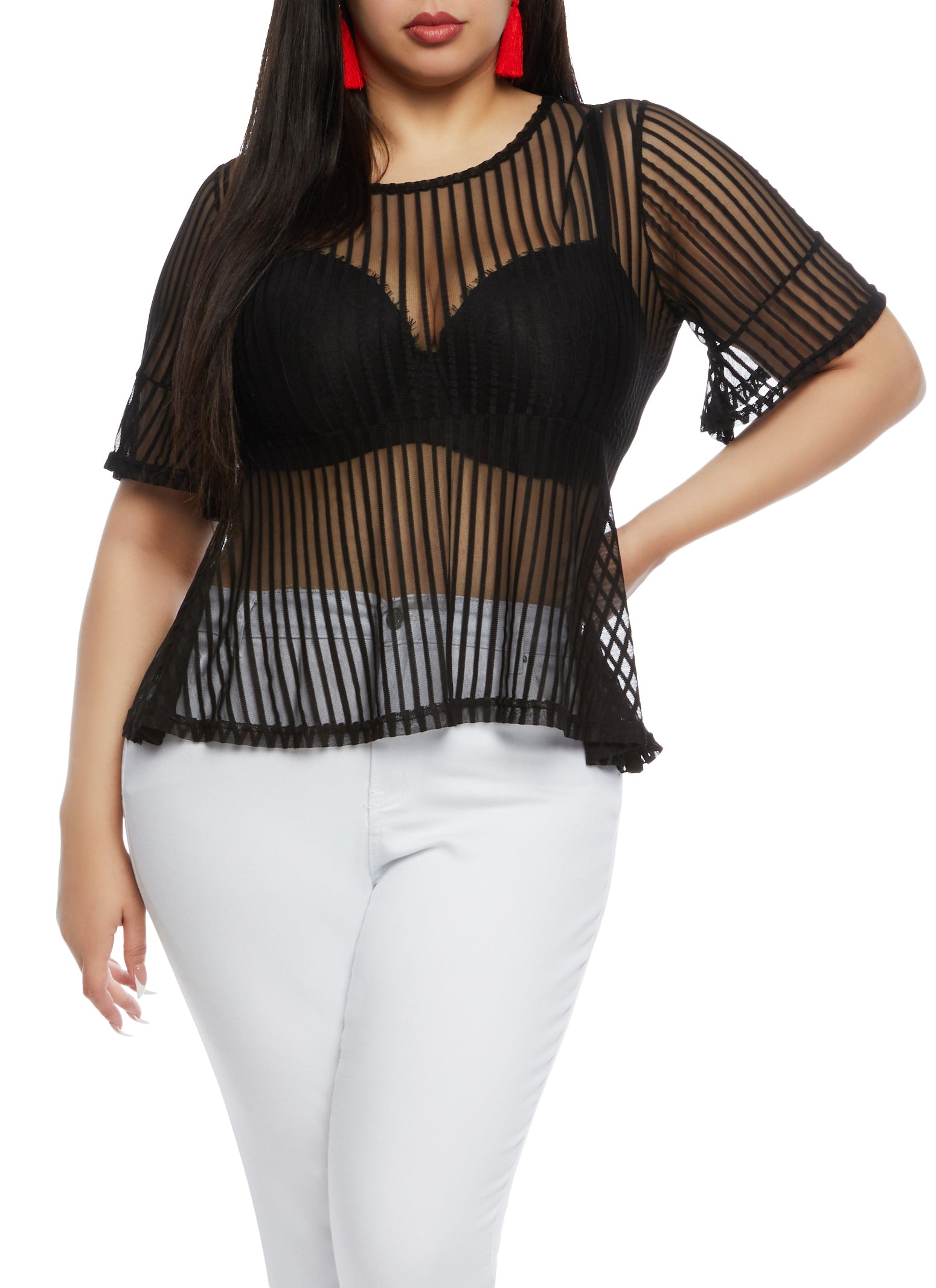 Womens Plus Mesh Striped Peplum Top,