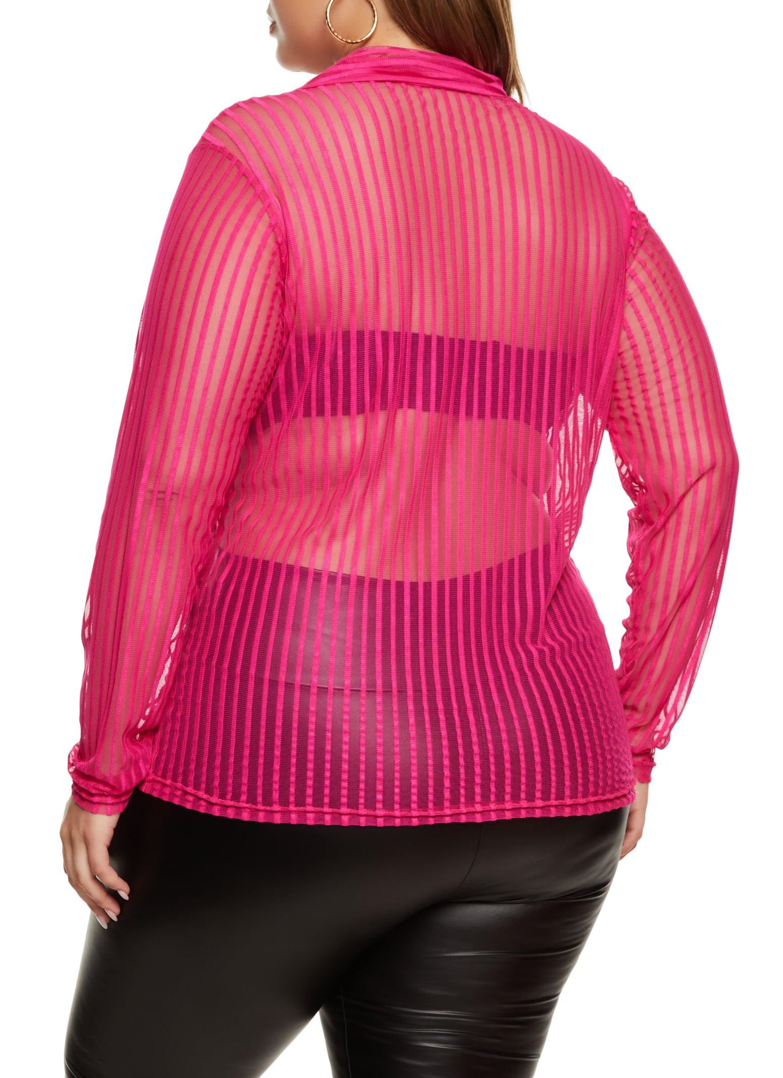 Womens Plus Mesh Shadow Striped Shirt, Pink,