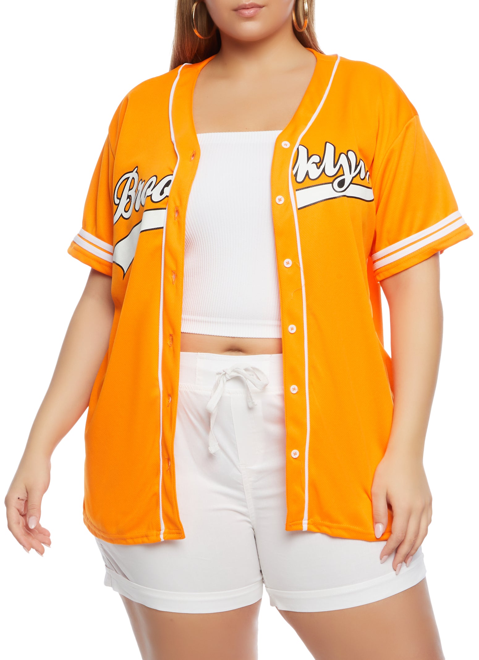 Womens Plus Brooklyn Button Front Baseball Shirt, Orange,