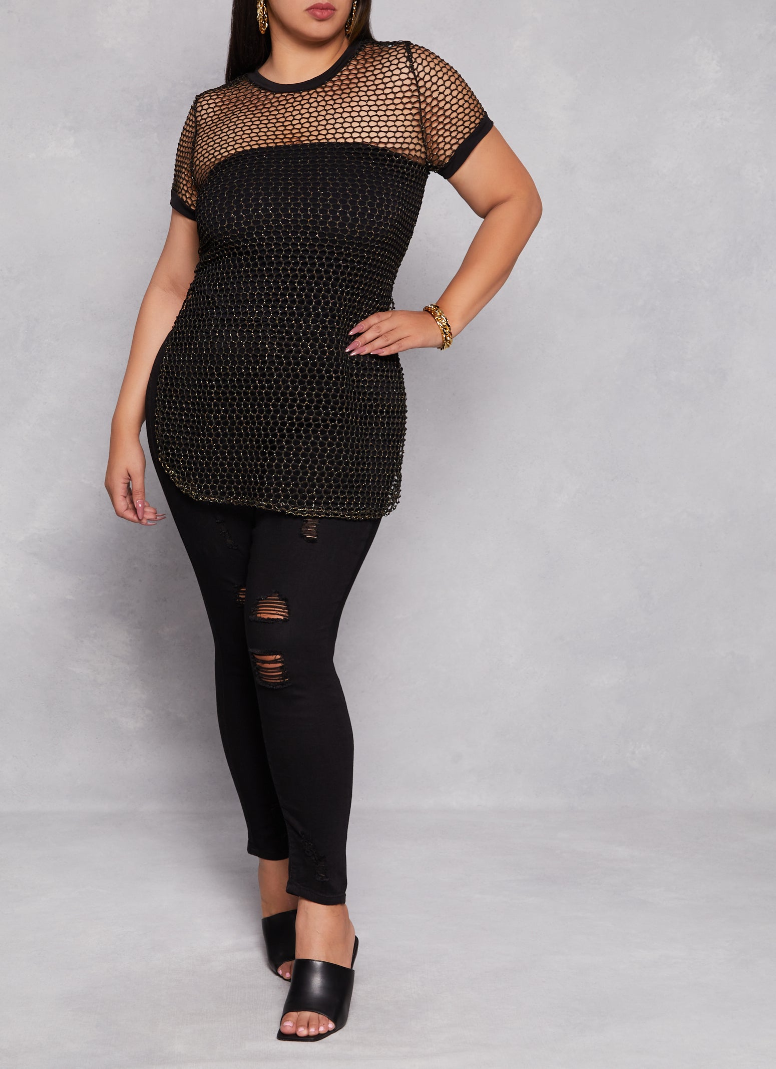 Womens Plus Size Lurex Fishnet Side Slit Tunic Top, Black, Size 1X