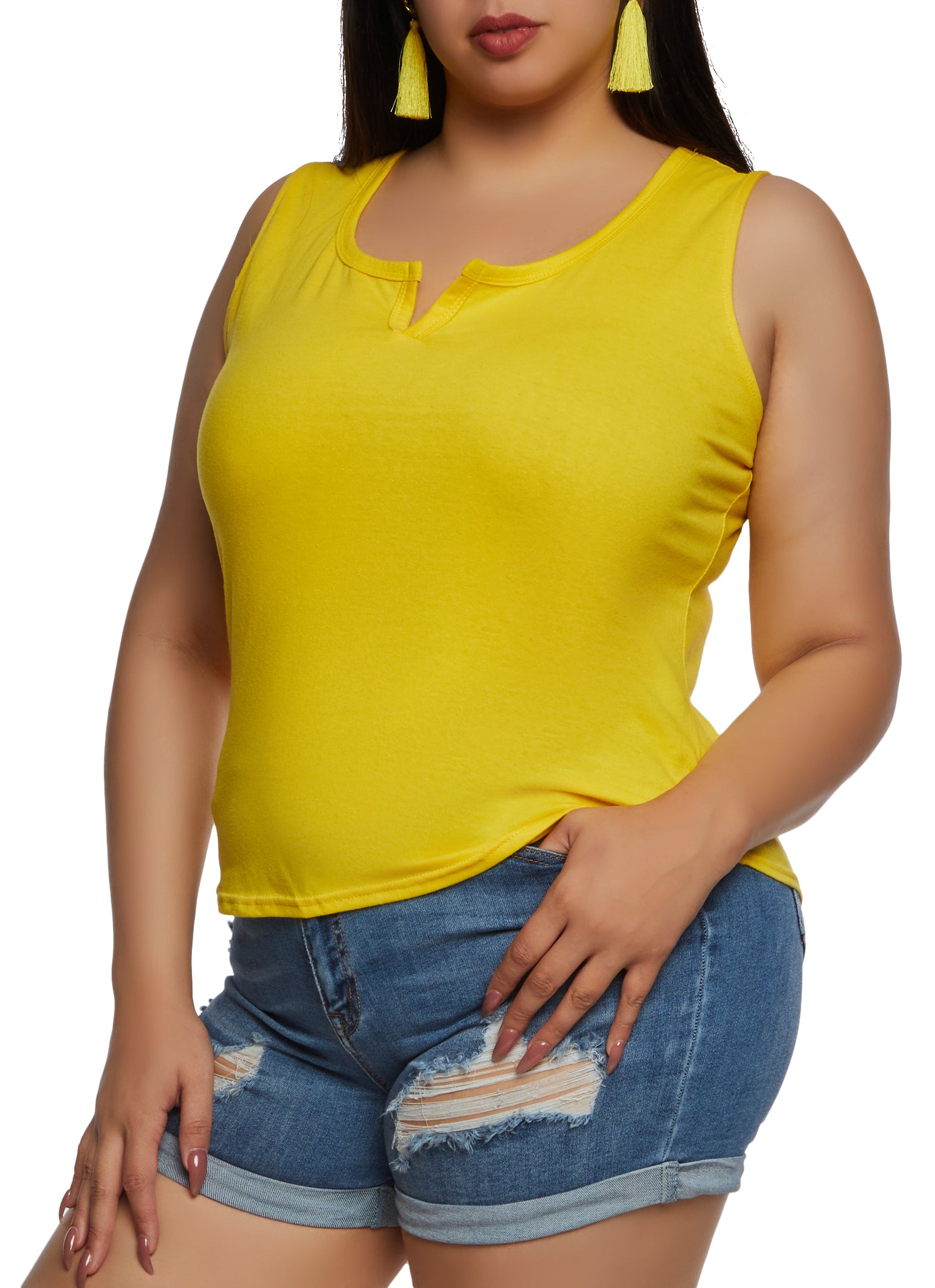 Womens Plus Size Notch Neck Tank Top, Yellow, Size 1X